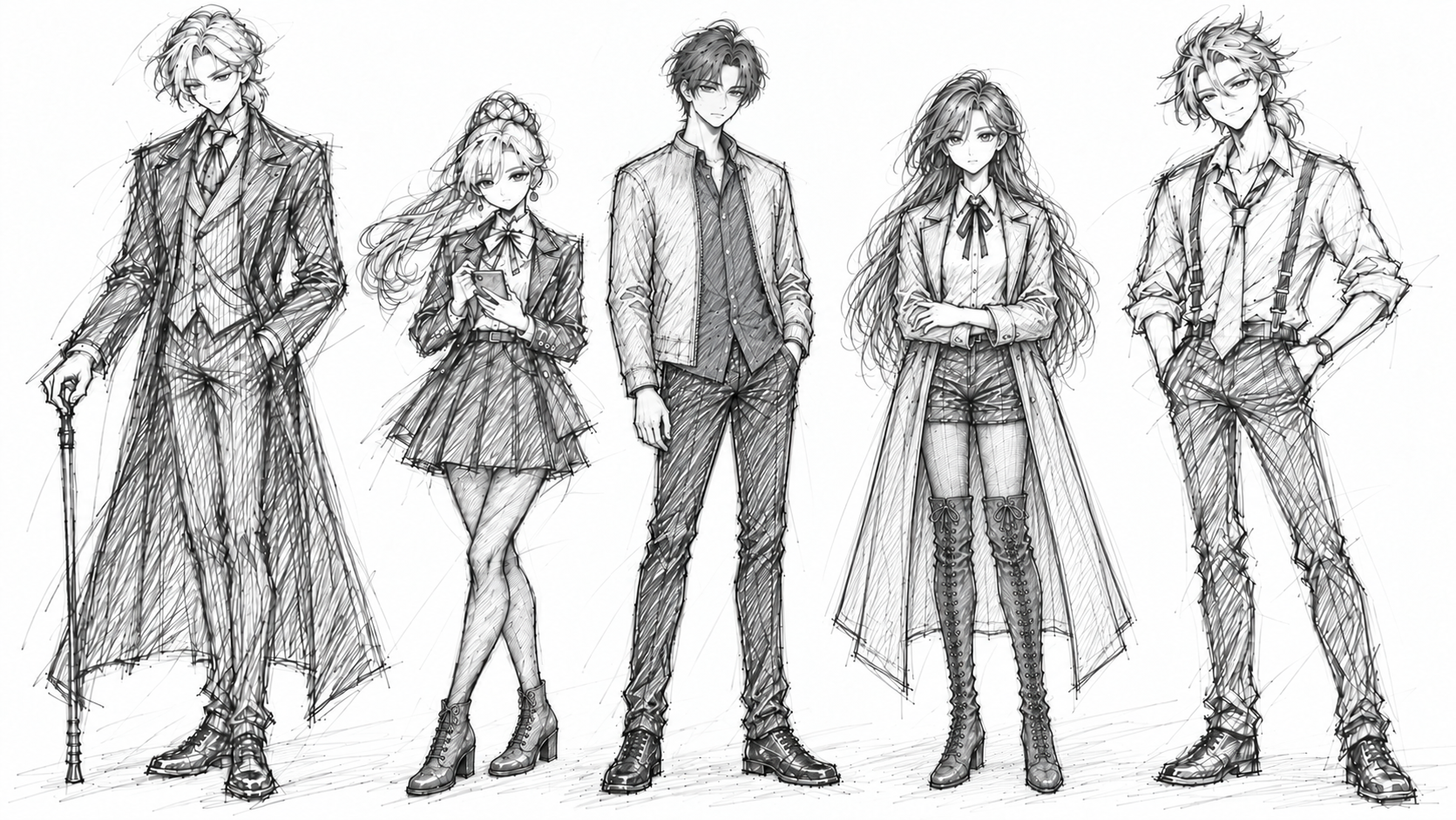 Black-and-white lineup sketch, from left to right: Drake with a cane and long coat, Sherie holding a phone and wearing heeled ankle boots, Kyrien in a short jacket with a very low stand-up collar, Lynleit in a coat and tall boots, and Felix wearing suspenders.