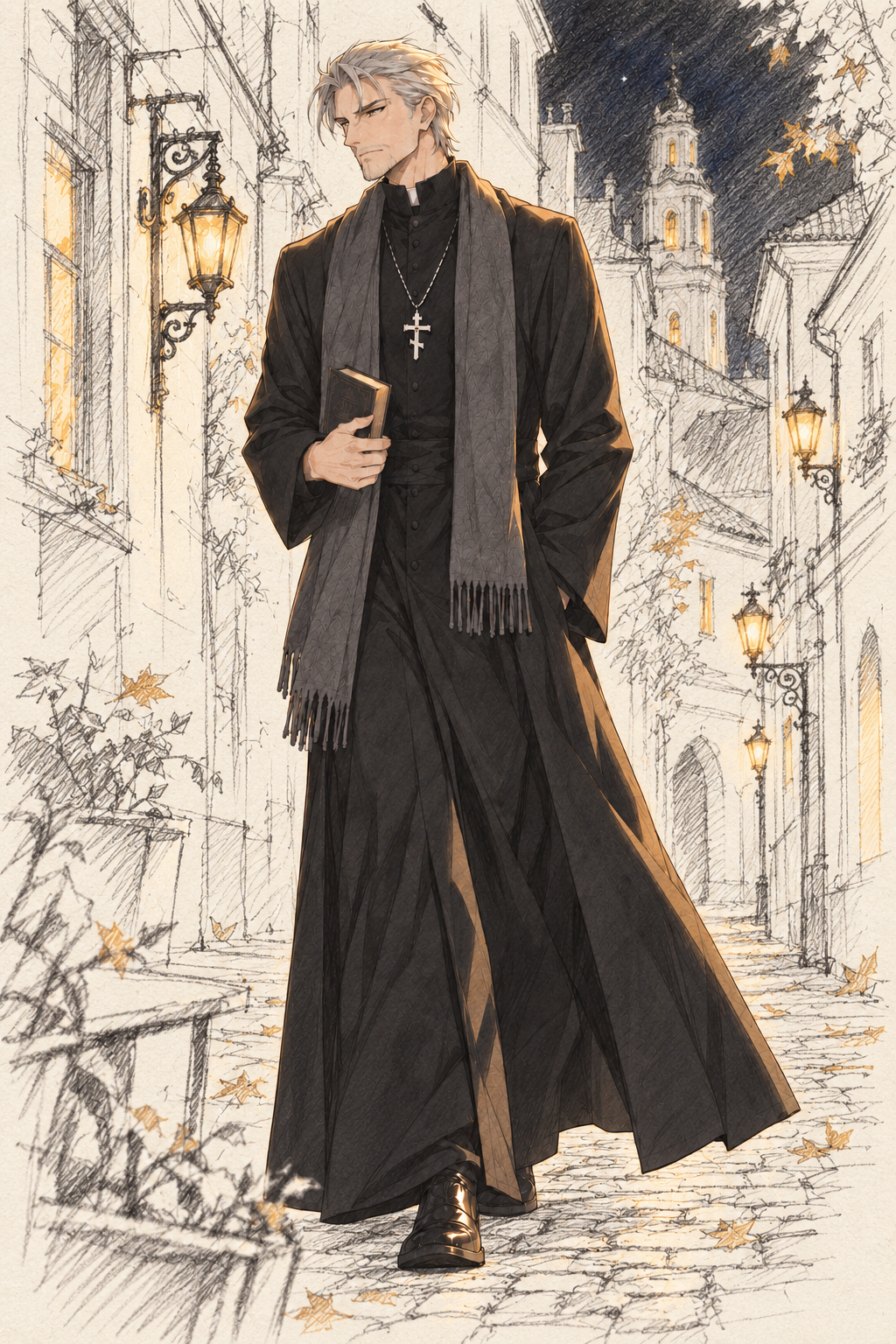 Father Mikhail walks along a lantern-lit old-town street at night, wearing his black cassock, long charcoal scarf and Orthodox cross, with a book in hand and golden autumn leaves around him.