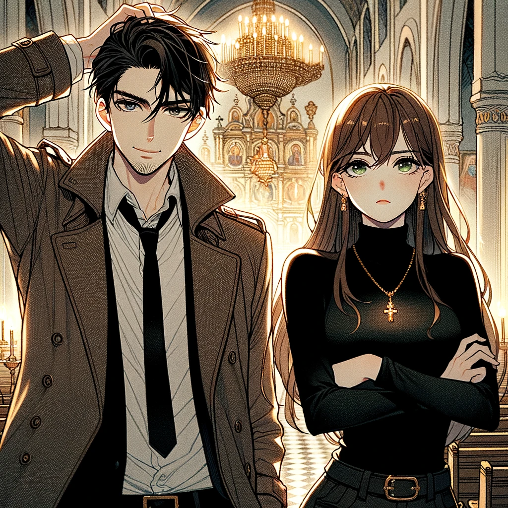 Hiyu in a brown coat and loosened tie, with a hand in his hair, beside Yulia in a black turtleneck with folded arms and a gold cross necklace, inside a candlelit church.