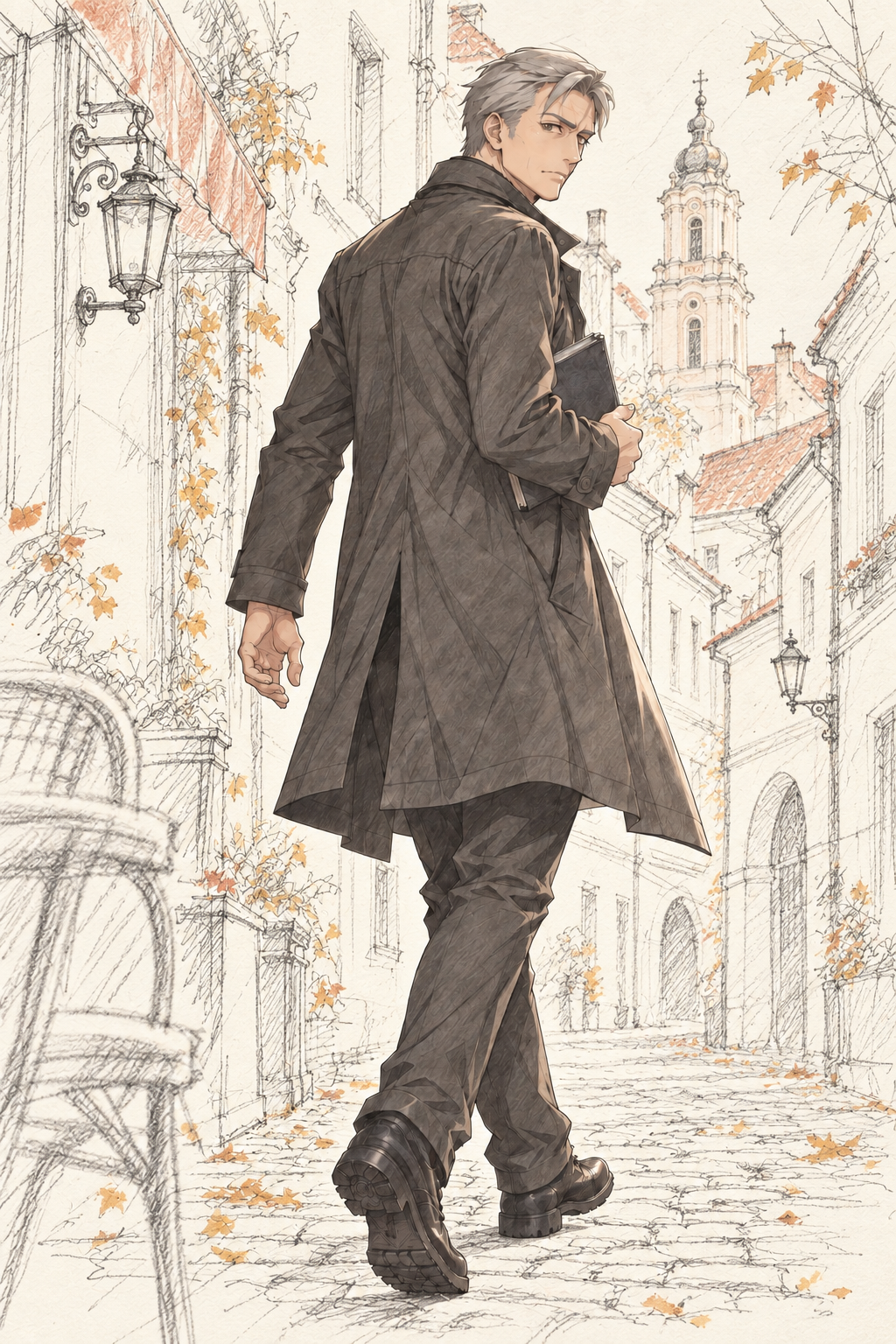 Inspector Leo looks over his shoulder while walking through a sunlit old-town street in a long grey raincoat, carrying a notebook amid golden autumn foliage.