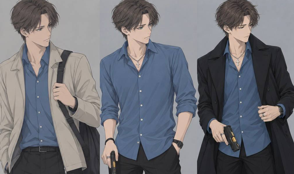 Three close-up costume studies of Kyrien: a beige jacket with a shoulder bag, a rolled-sleeve blue shirt, and a black coat over the blue shirt. A cross necklace, wristwatch, rings and a pistol appear in the studies.