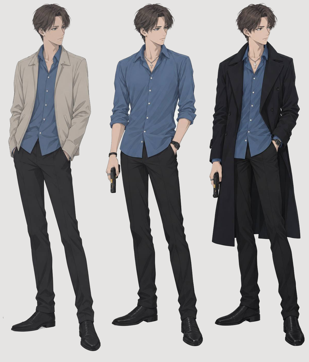Three full-length costume studies of Kyrien in a beige jacket, a rolled-sleeve blue shirt, and a long black coat. All three wear black trousers and black shoes; the shirt and coat studies include a lowered pistol.