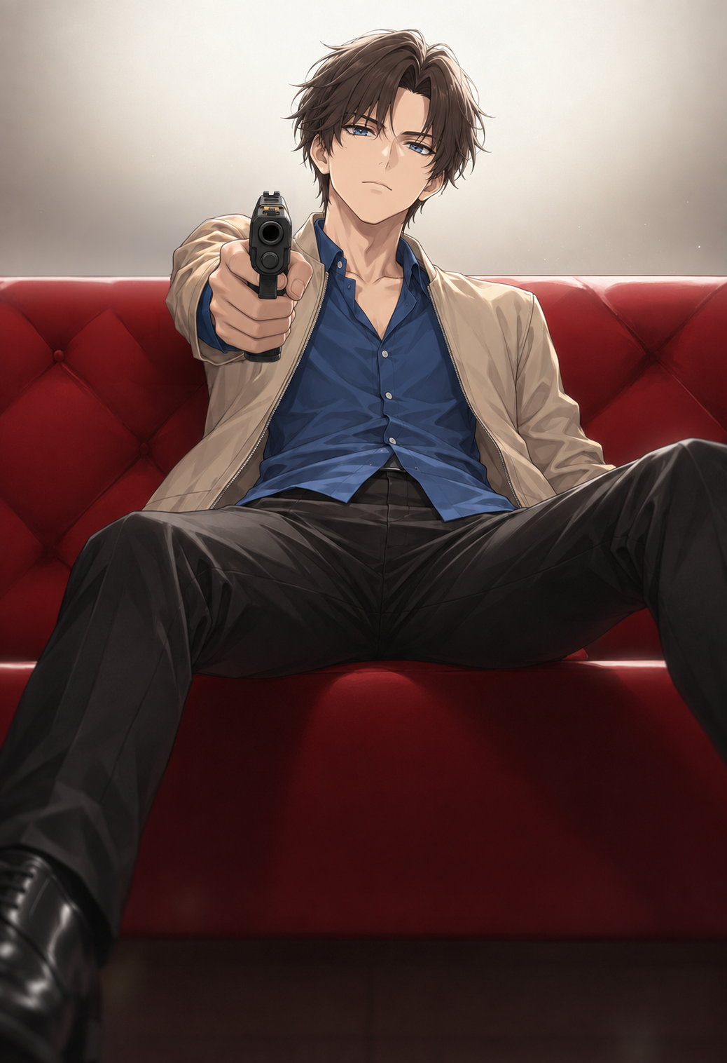 Kyrien seated on a red tufted sofa, aiming a pistol toward the viewer, wearing a beige jacket, blue shirt and dark trousers.
