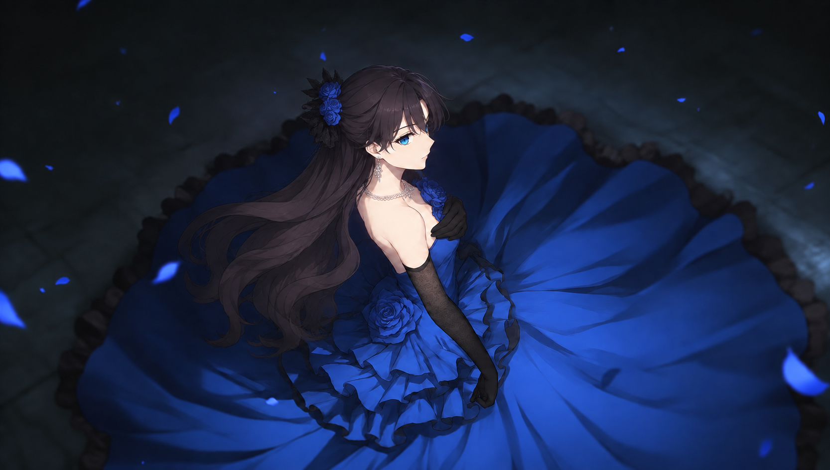Lynleit looks over her shoulder in a blue gown with black lace, blue roses, and floating blue petals