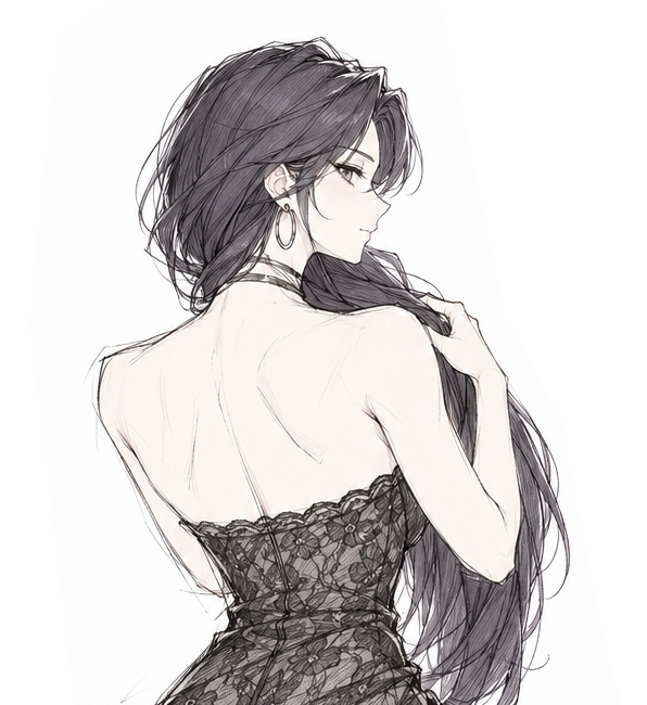 Pencil study of Lynleit looking over her shoulder in strapless black lace, holding her long hair to one side.
