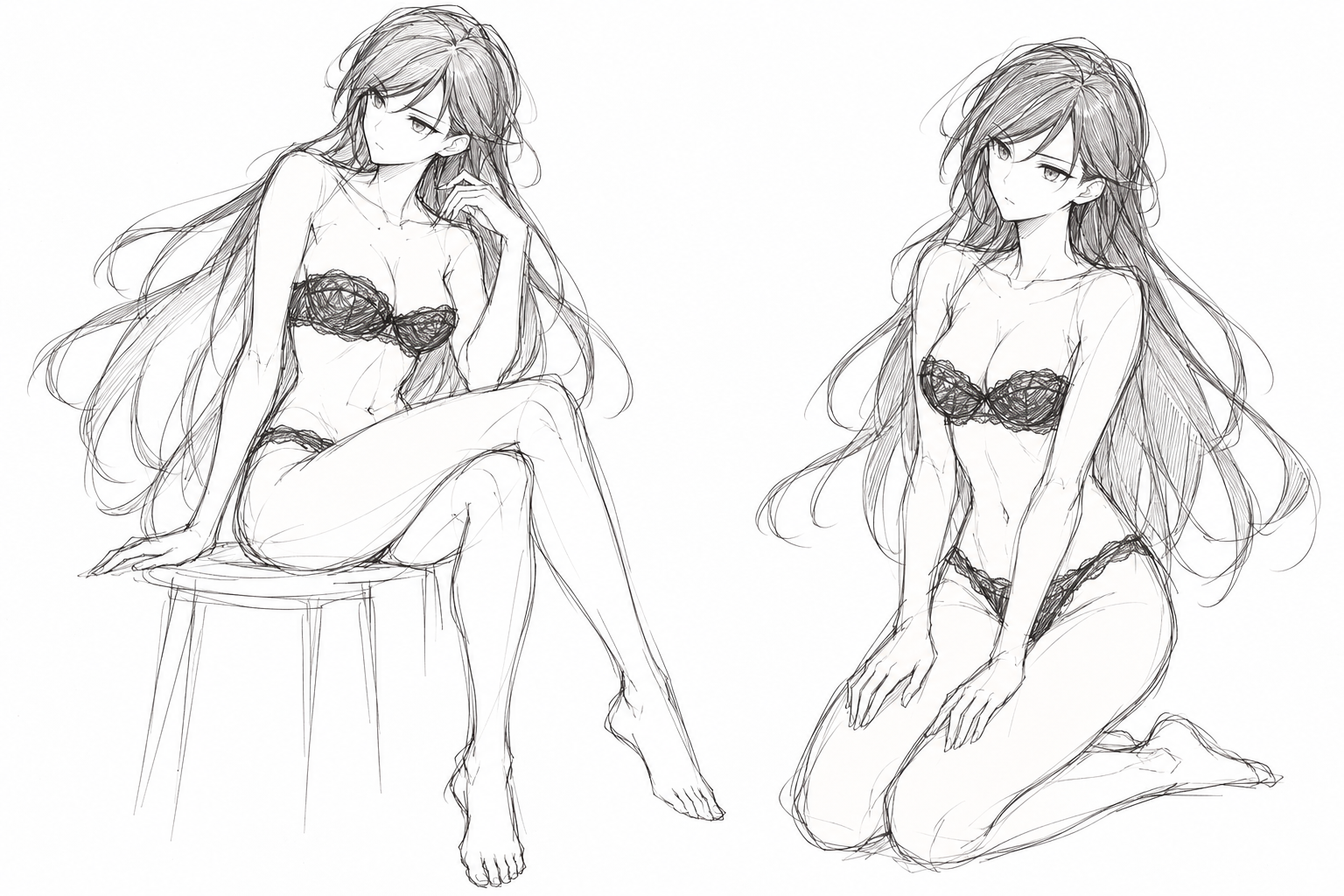 Pencil sheet showing Lynleit seated on a stool and kneeling in a strapless black lace lingerie set.