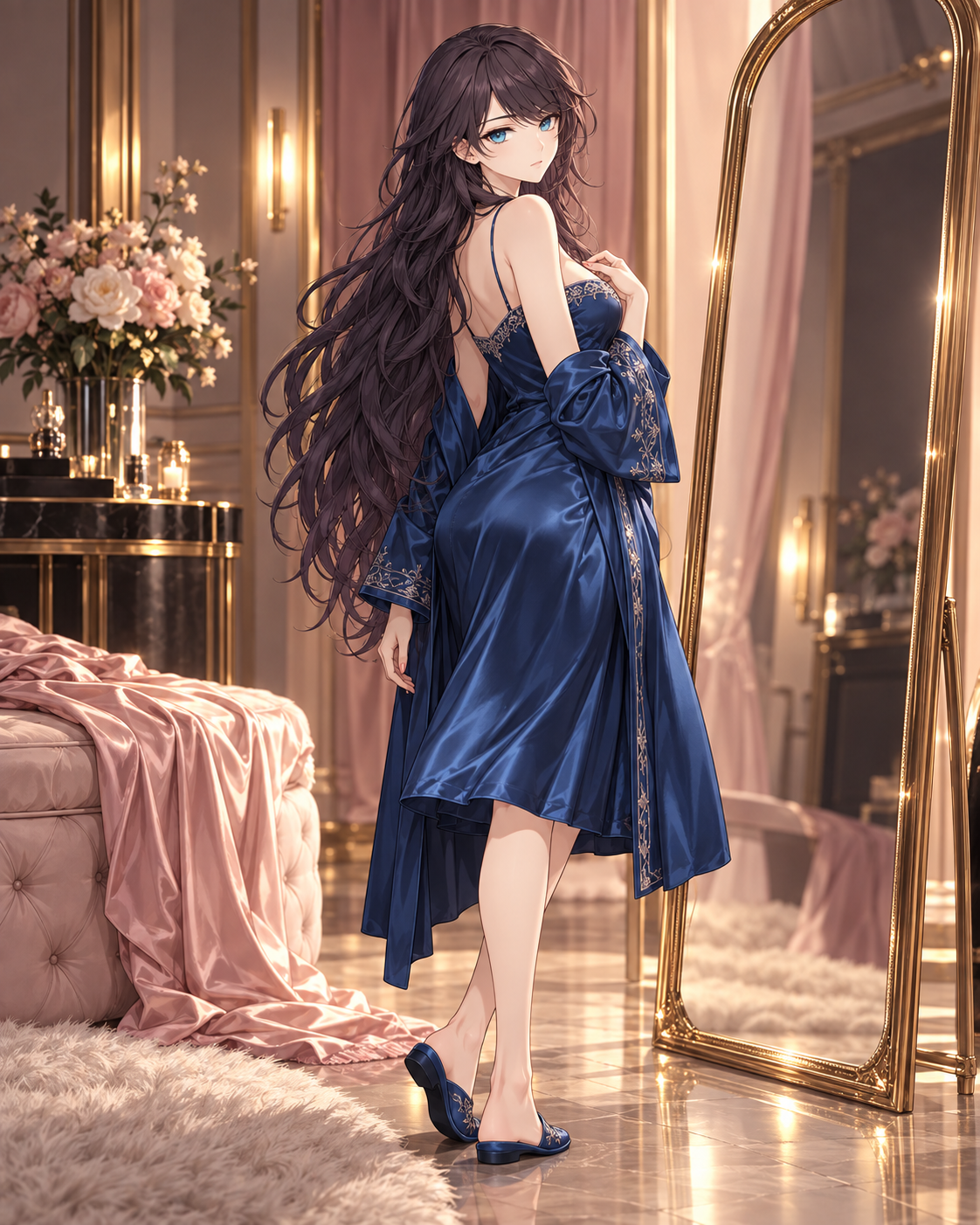 Lynleit poses beside a tall mirror in a blue satin slip and embroidered robe.