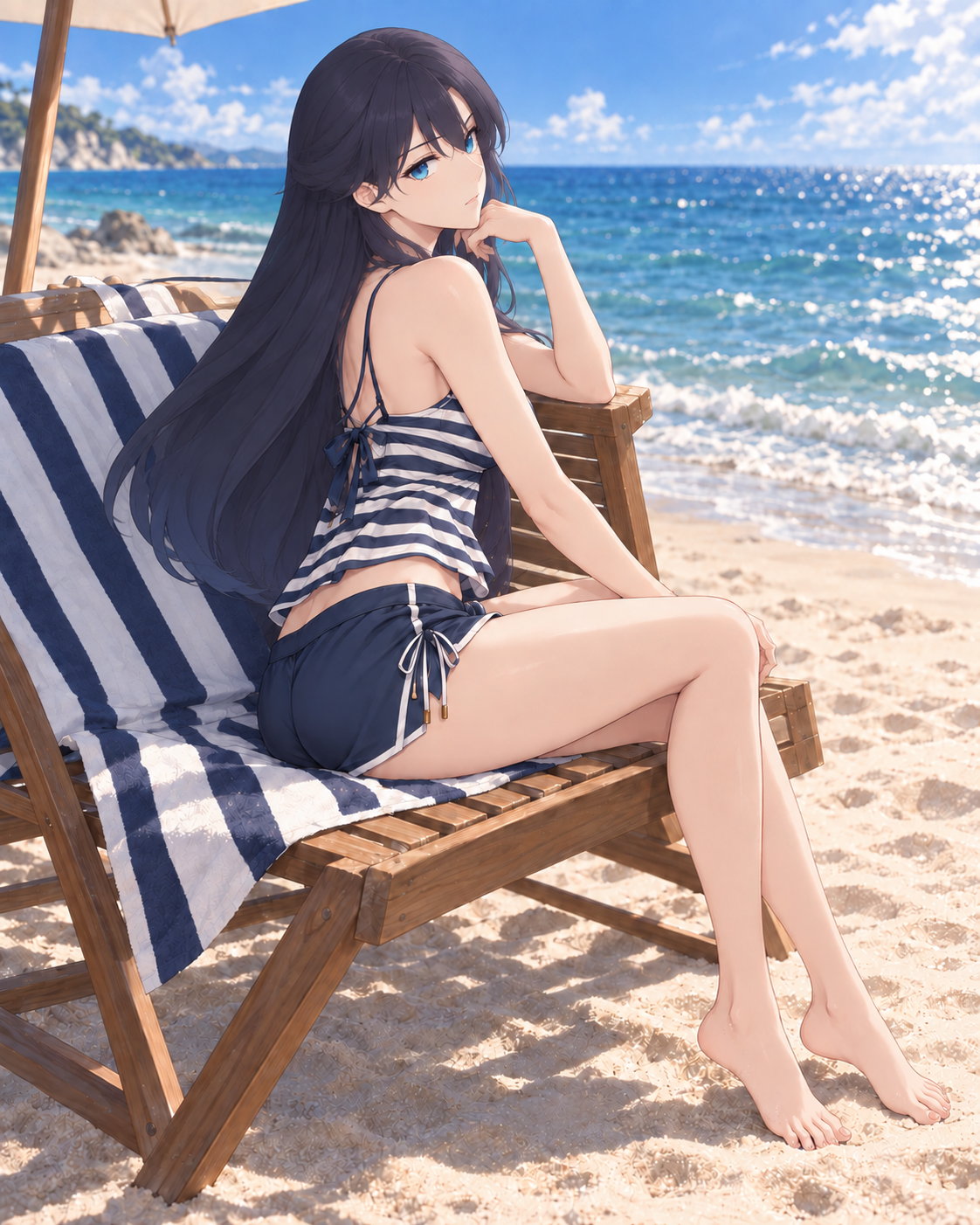 Lynleit looks back from a beach chair in a striped tankini and navy shorts.