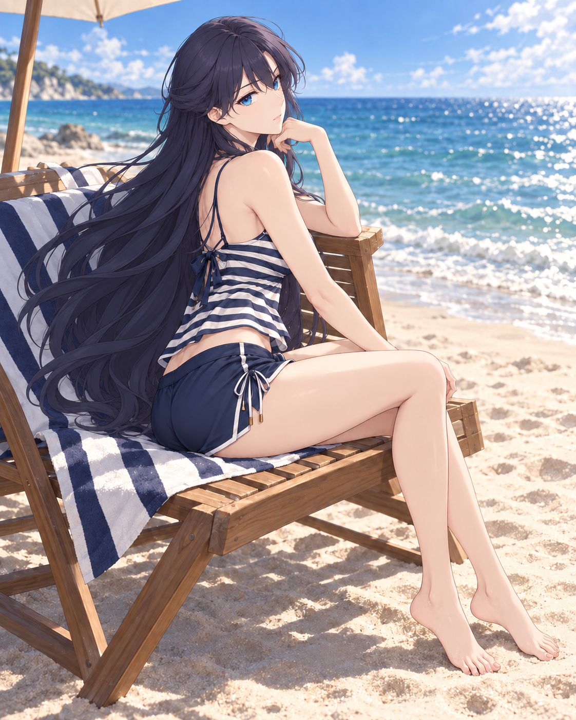 Lynleit looks back from a beach chair in a striped tankini and navy shorts.