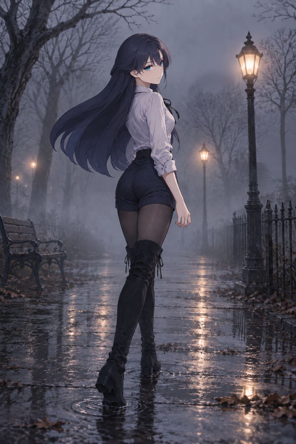 Lynleit beside lampposts and benches on a misty park path