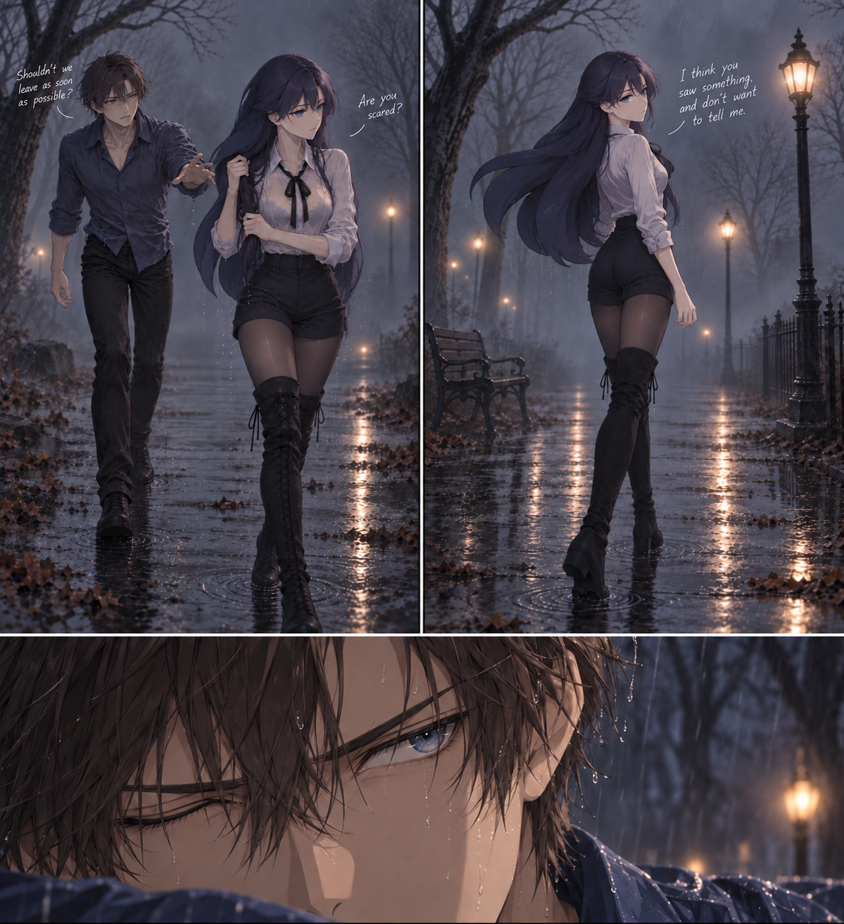 Arc 1 park-bank illustration: drenched Lynleit questions Kyrien as they walk through the misty park; his uneasy face fills the lower frame.