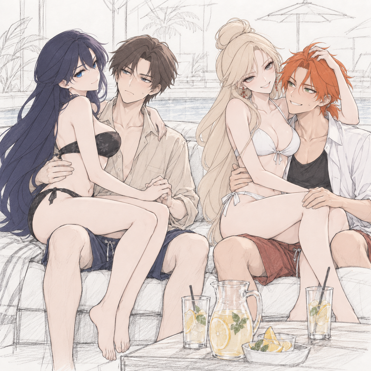 Lynleit and Sherie seated on Kyrien and Felix for a paired poolside pose, revised hair treatment.