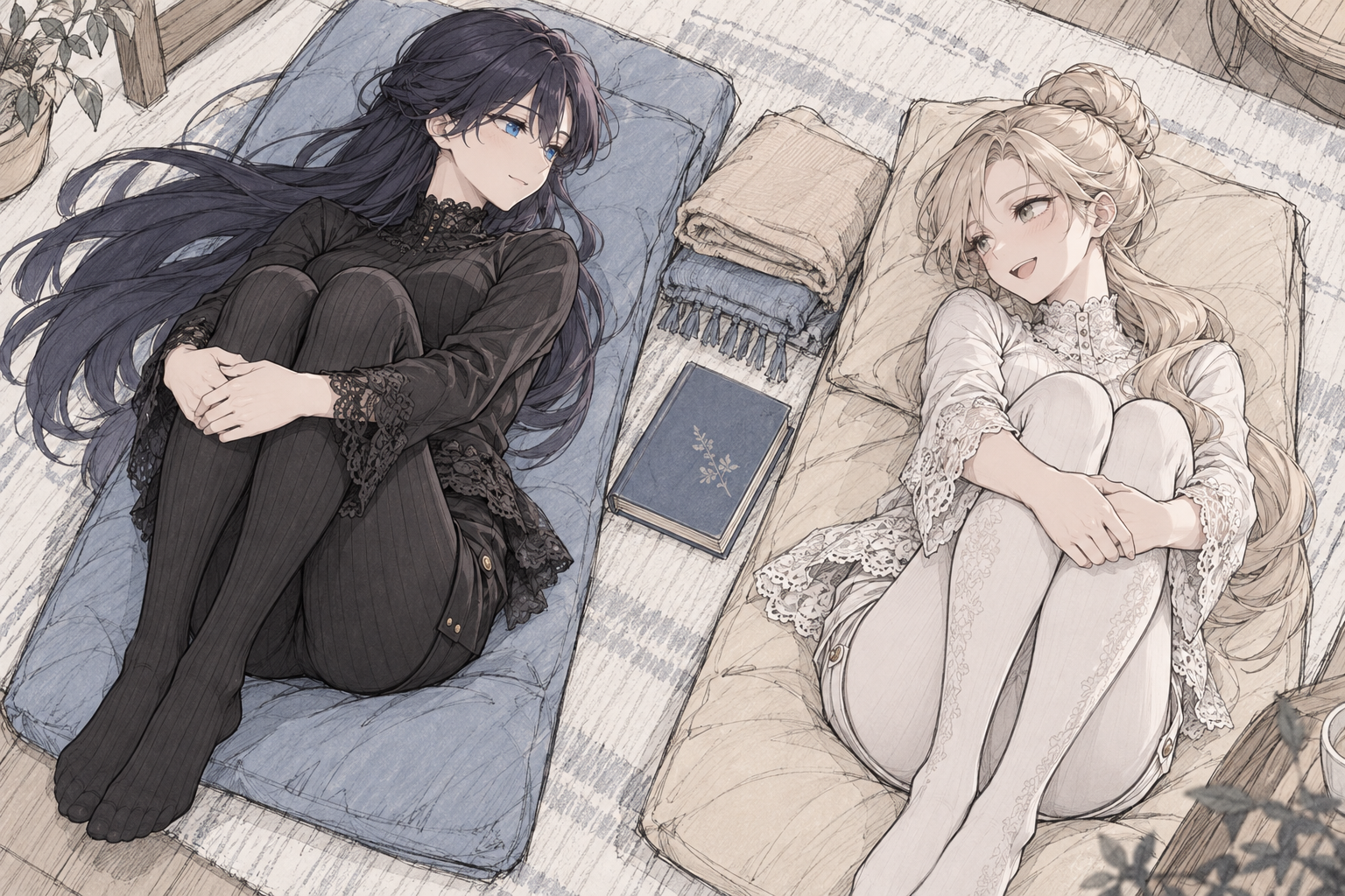Lynleit and Sherie reclining on cushions in black and white lace-trimmed outfits and tights, original study.
