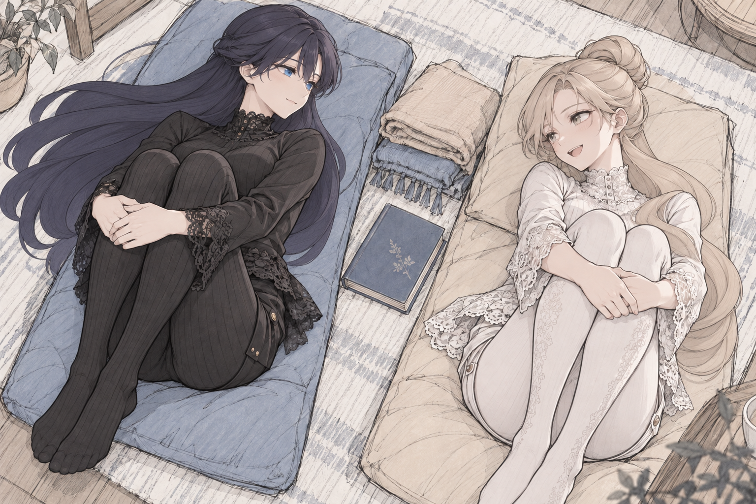 Lynleit and Sherie reclining on cushions in black and white lace-trimmed outfits and tights, revised hair treatment.