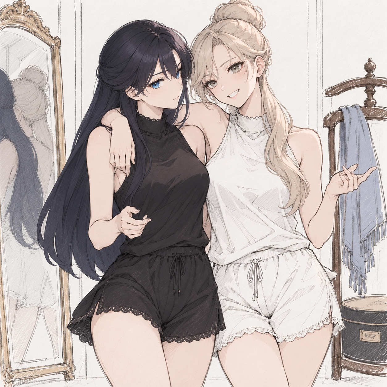 Lynleit and Sherie standing together beside a mirror in matching black and white sleepwear.