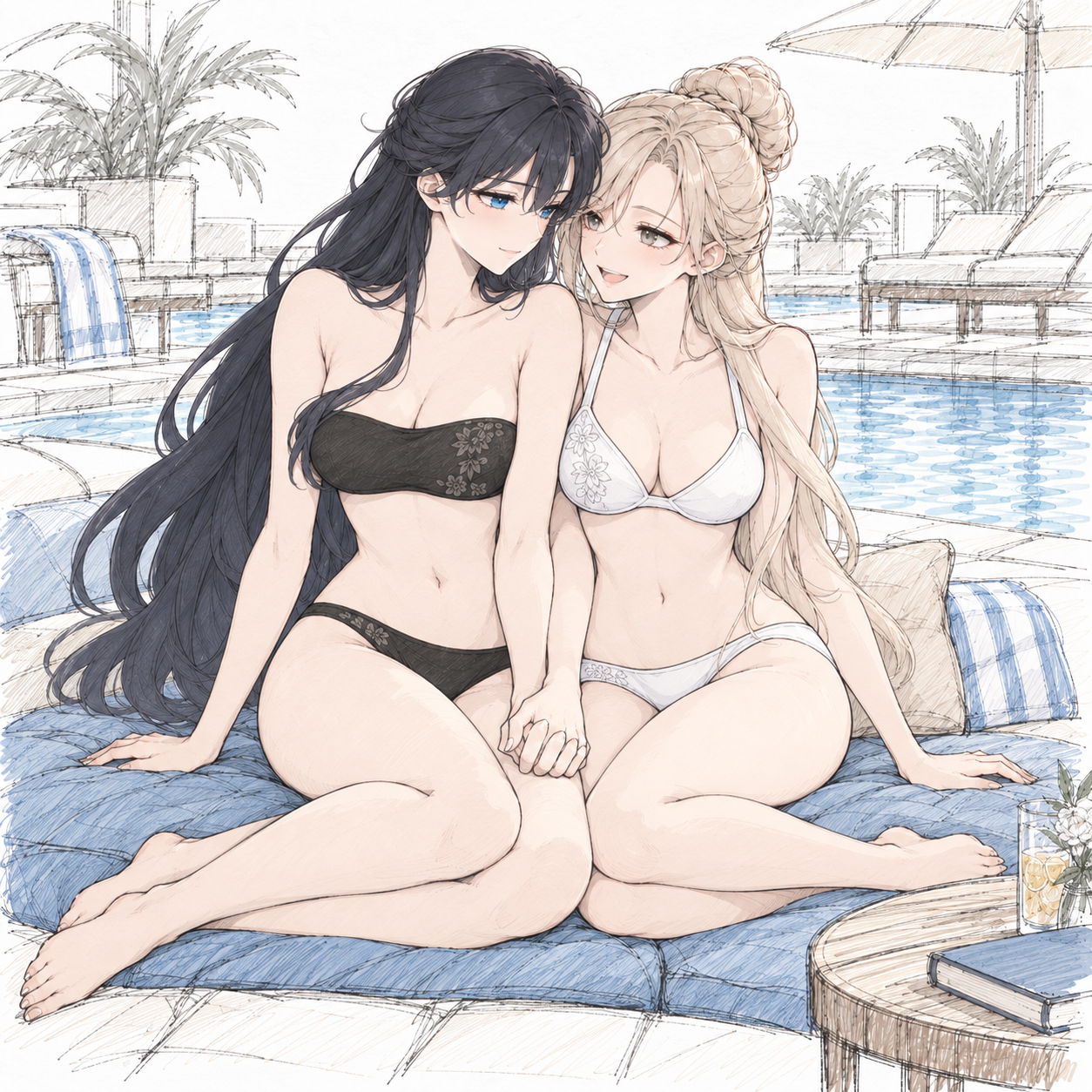 Lynleit and Sherie seated close together on blue poolside cushions.