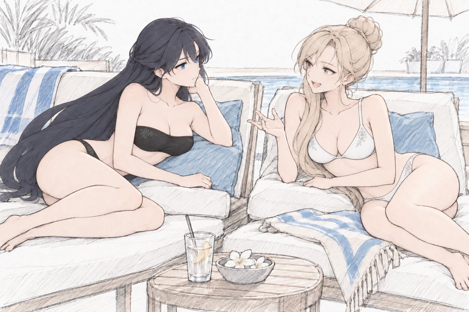 Lynleit and Sherie reclining on separate poolside loungers.
