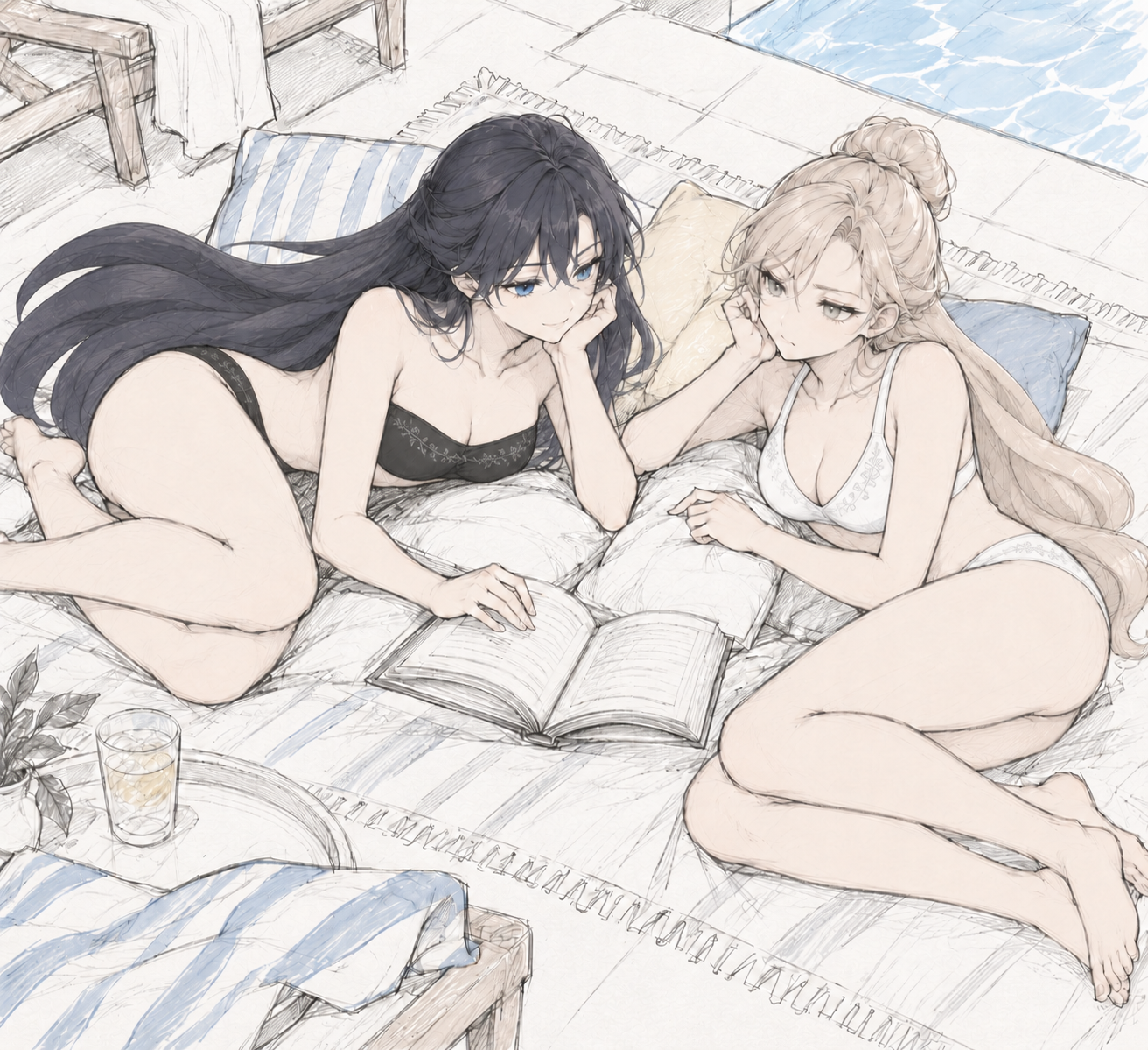 Lynleit and Sherie reclining on cushions with an open book beside the pool.