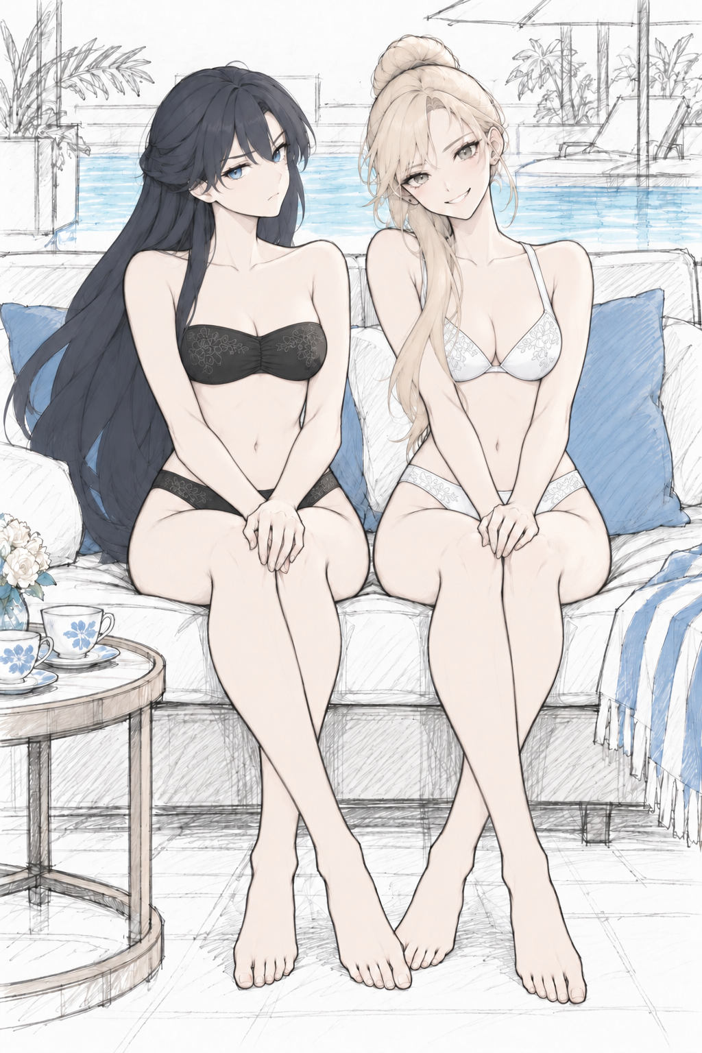 Lynleit and Sherie seated together in black and white swimwear beside a pool.