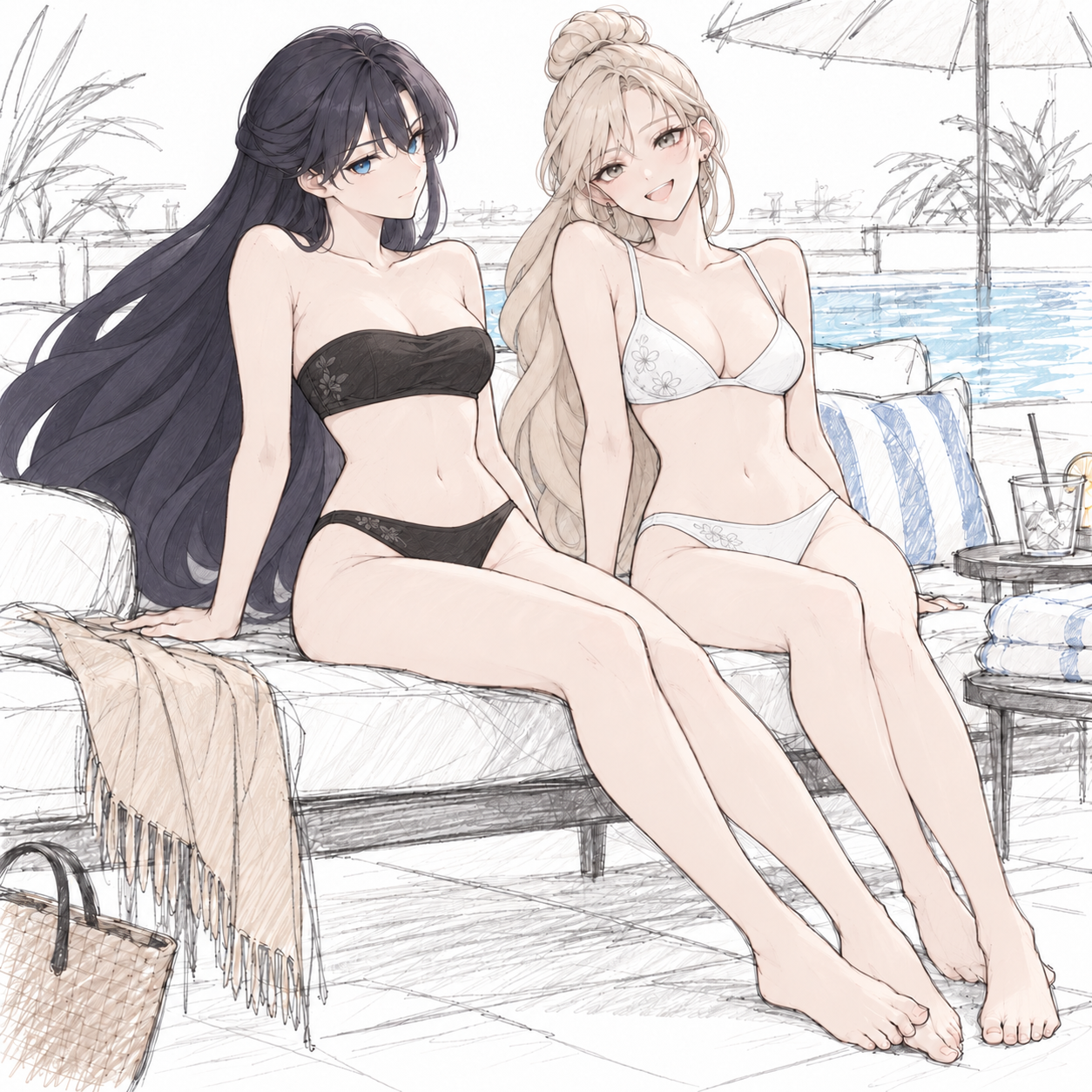 Lynleit and Sherie posing side by side on a poolside sofa.