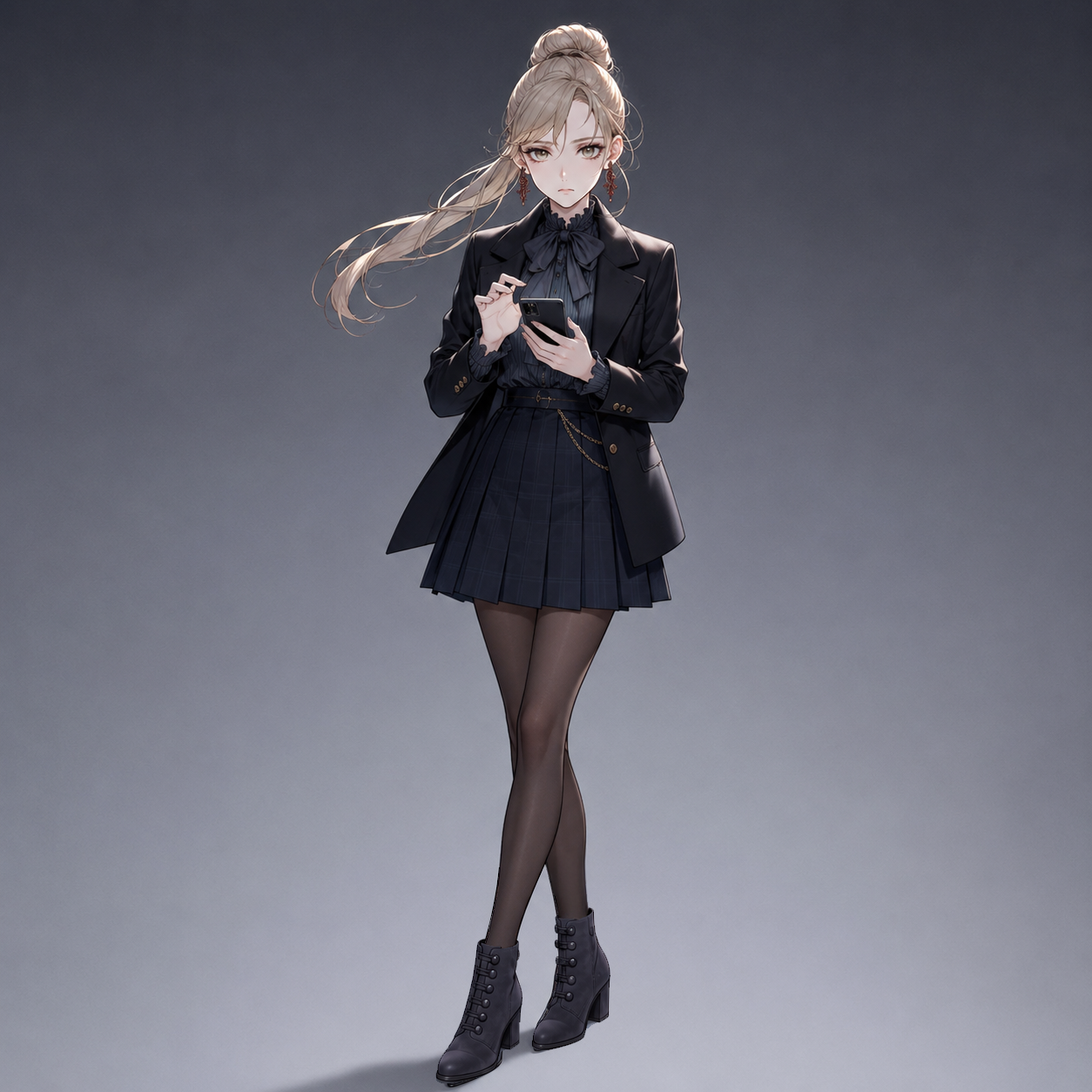 Sherie holding a phone, wearing a dark blazer, pleated skirt, tights and buttoned heeled ankle boots.