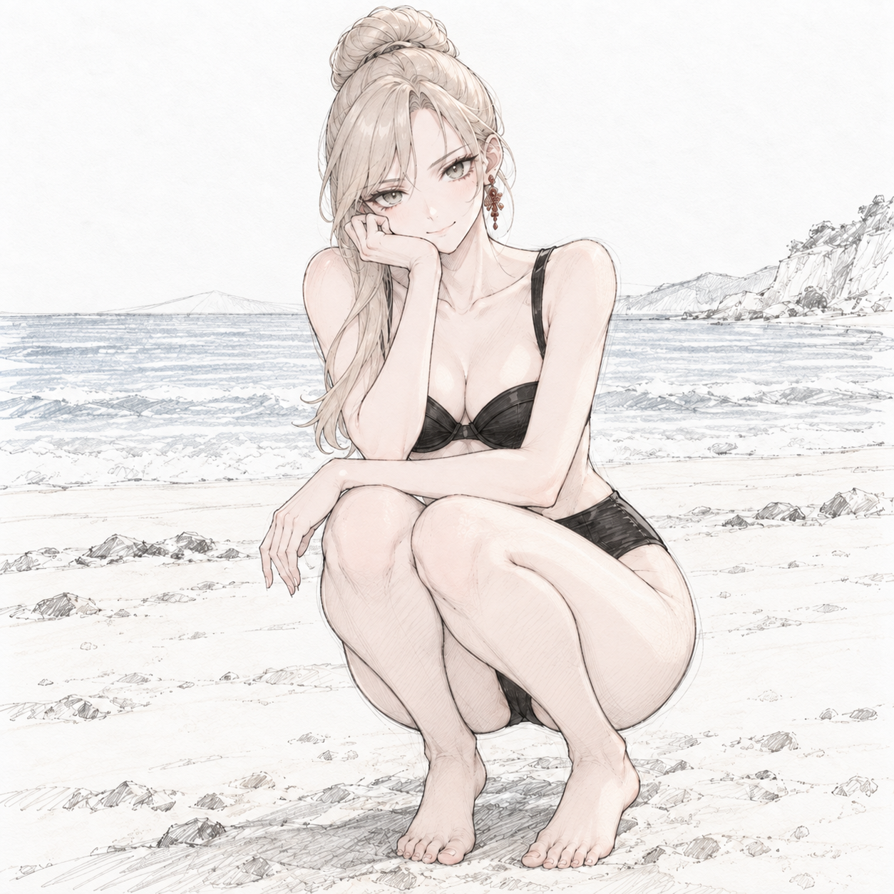 Colored pencil study of Sherie crouching on a beach in black swimwear, resting her chin on her hand.
