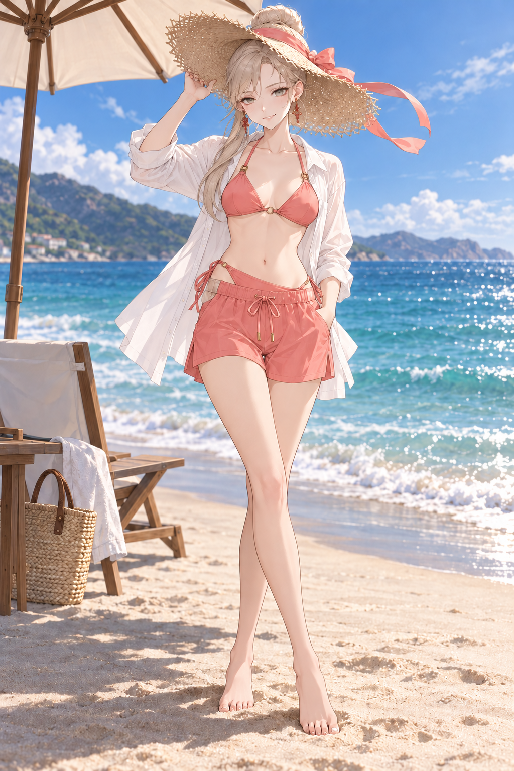 Sherie wears coral swimwear and shorts with a white shirt and ribboned straw hat by the sea.