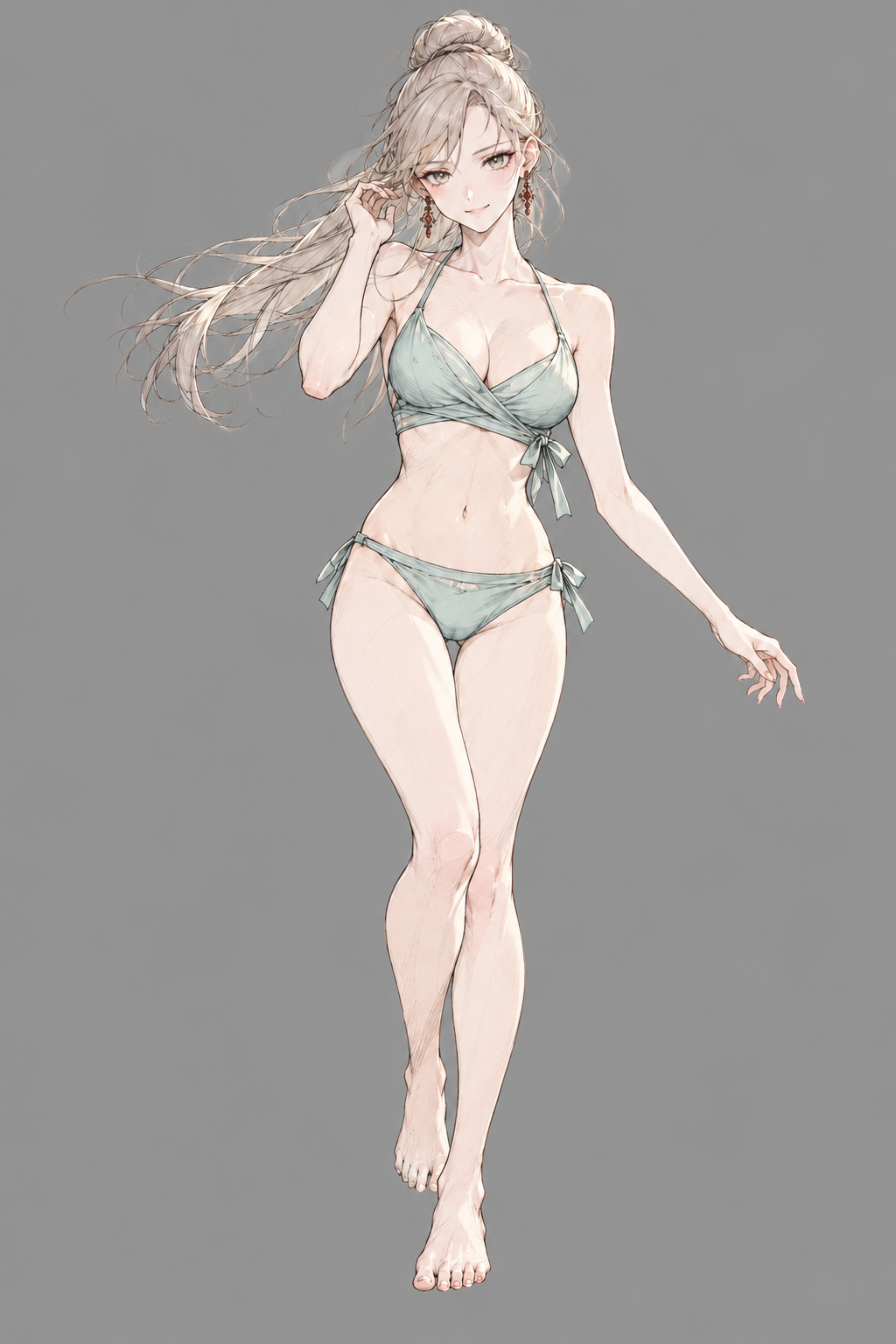 Sherie poses in sage-green wrap-front swimwear against a grey background.