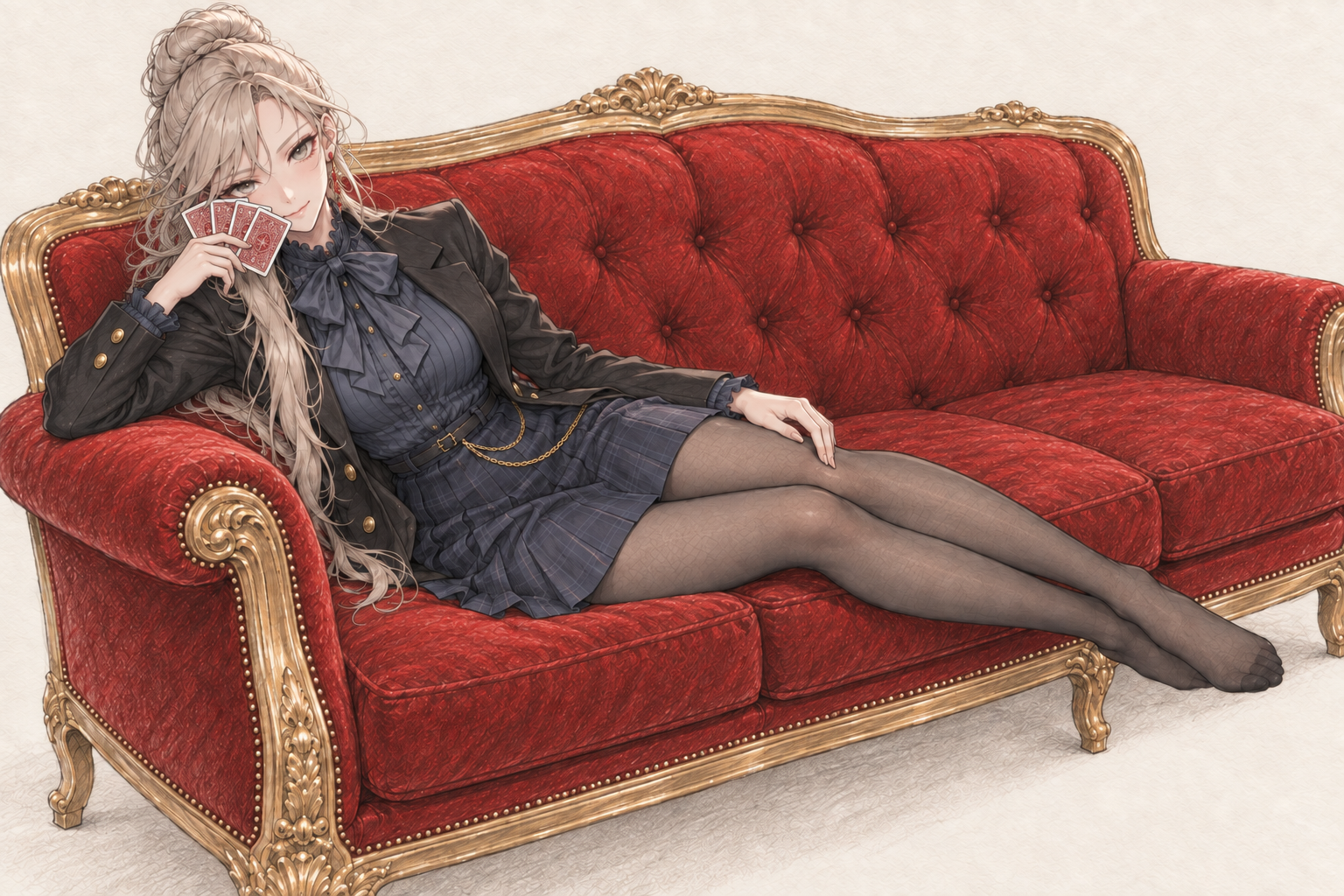Sherie reclining on a red and gold sofa, with cards, composition 4.
