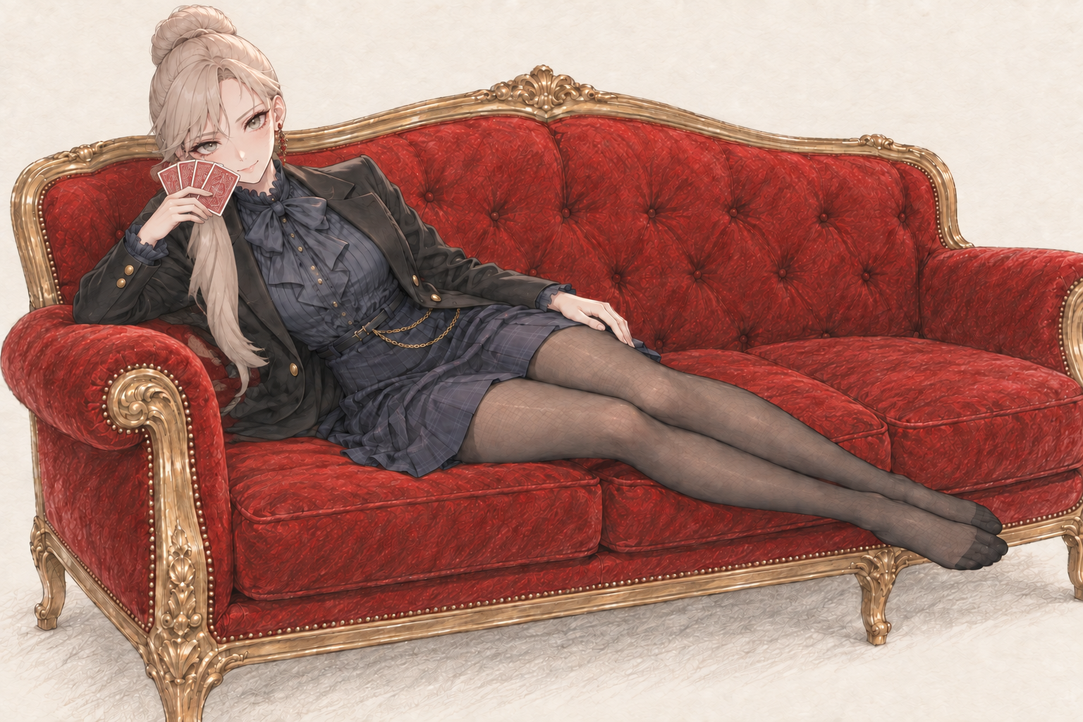 Sherie reclining on a red and gold sofa, with cards, composition 6.