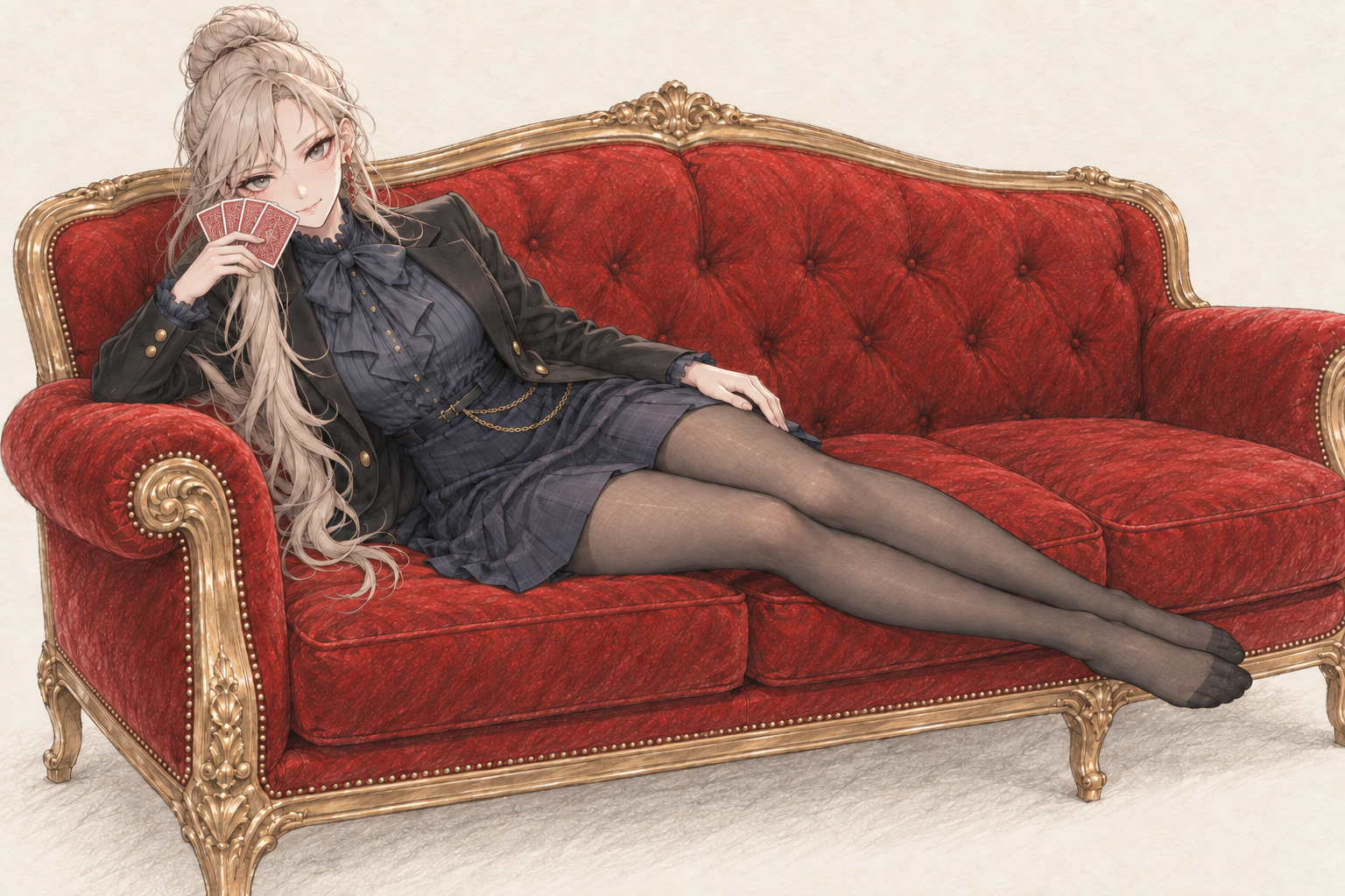 Sherie reclining on a red and gold sofa, with cards, composition 6.
