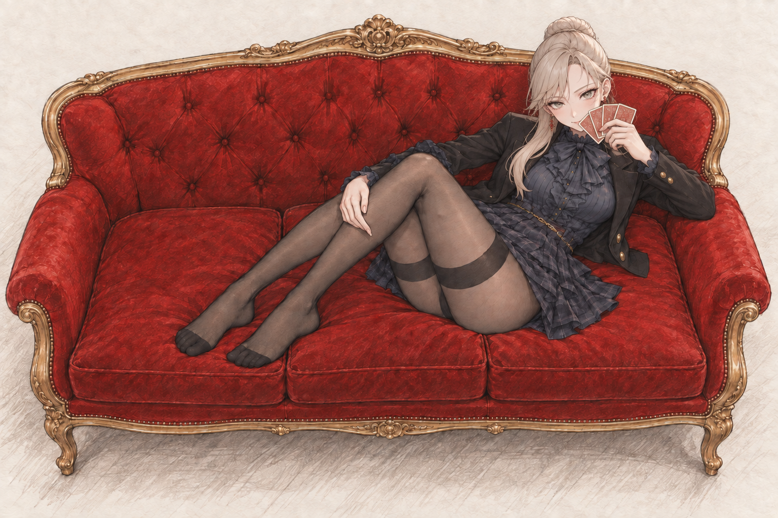 Sherie reclining on a red and gold sofa, with cards, composition 7.