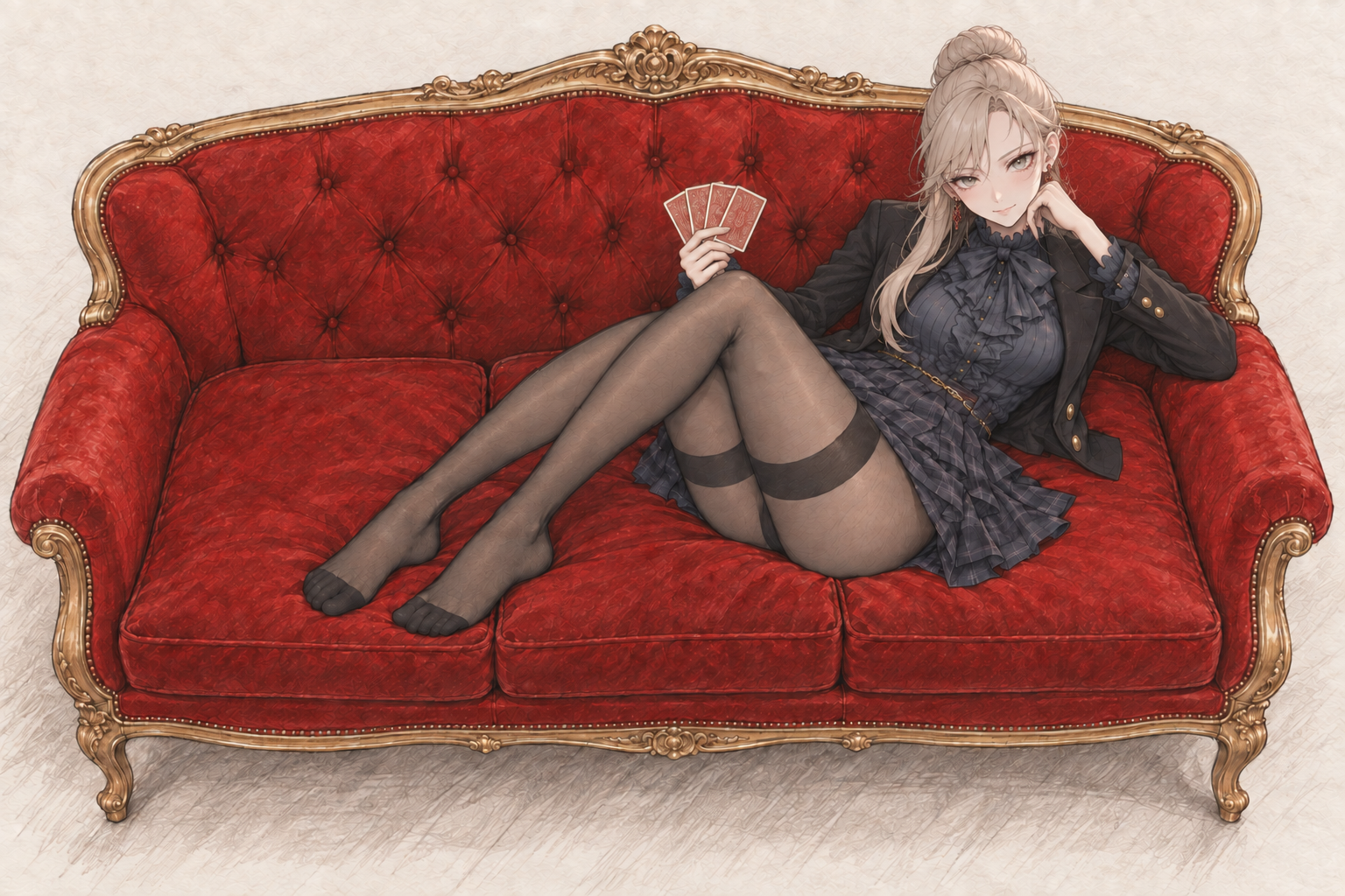 Sherie reclines diagonally across a red and gold sofa with her knees bent, holding red-backed cards and resting her cheek on one hand.