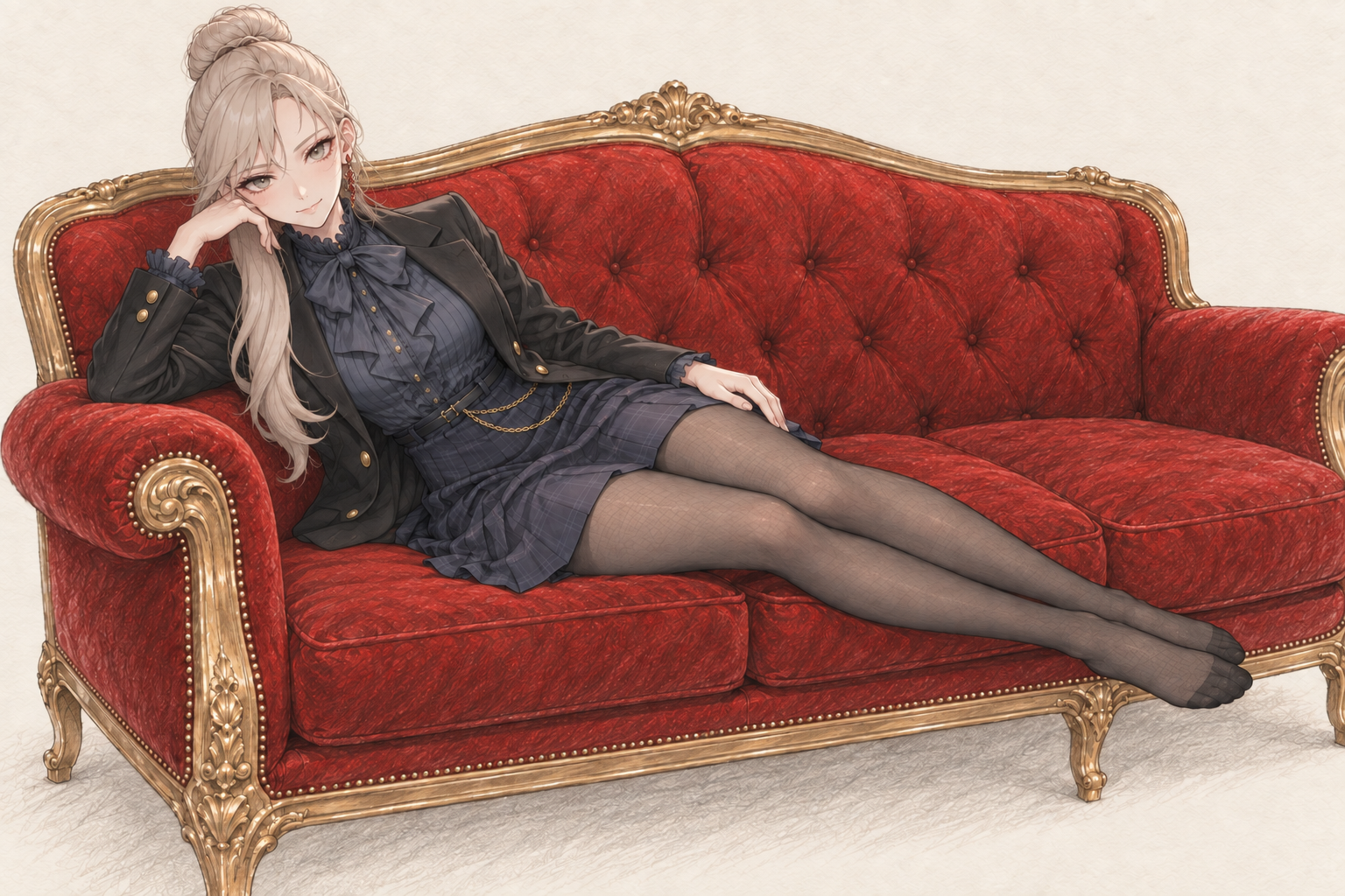 Sherie reclining on a red and gold sofa, without cards, composition 3.