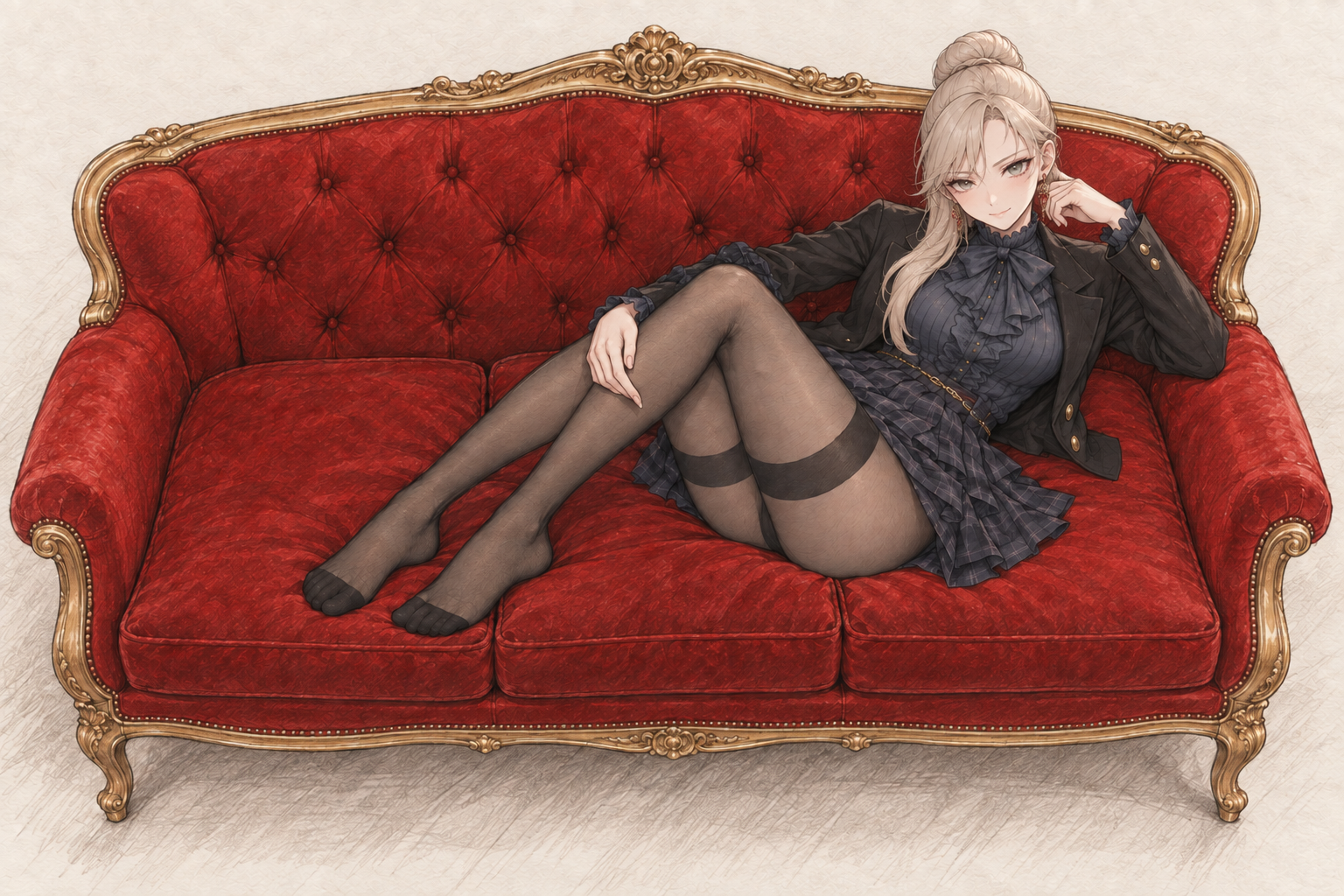 Sherie reclining on a red and gold sofa, without cards, composition 4.