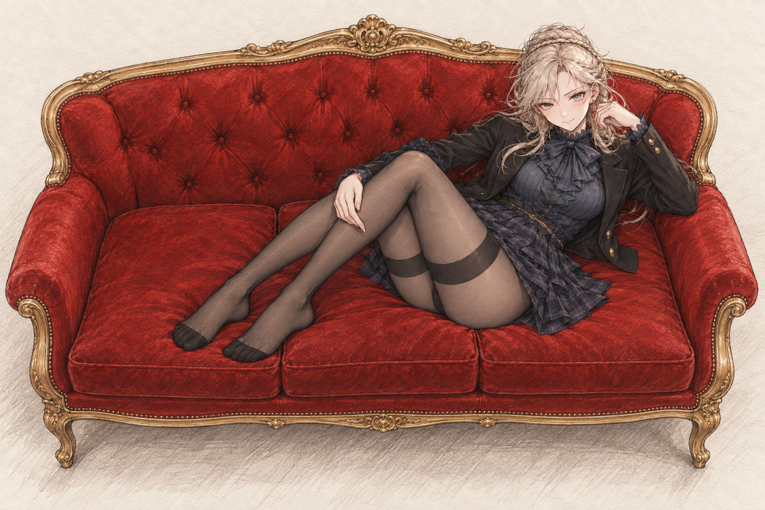 Sherie reclining on a red and gold sofa, without cards, composition 4.