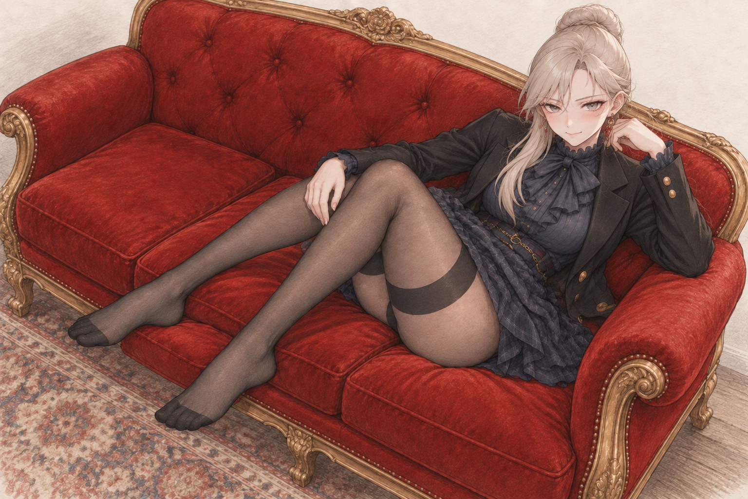 Sherie reclining on a red and gold sofa, without cards, composition 5.