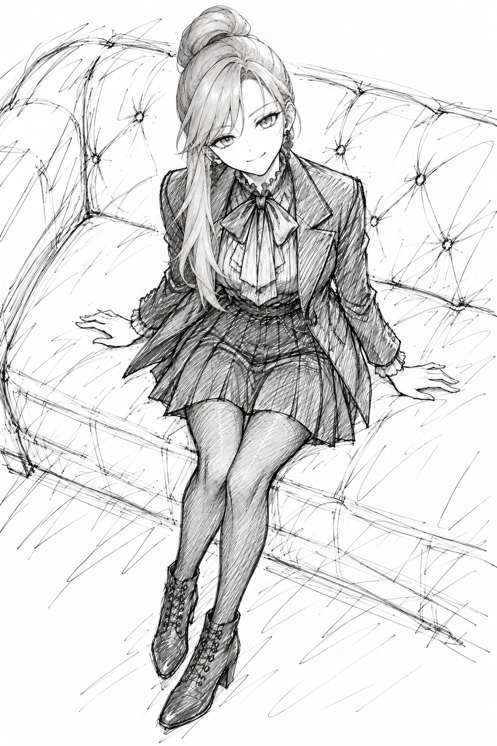 Rough pen sketch of Sherie seated on a tufted sofa, looking up with her hands resting on the cushion.