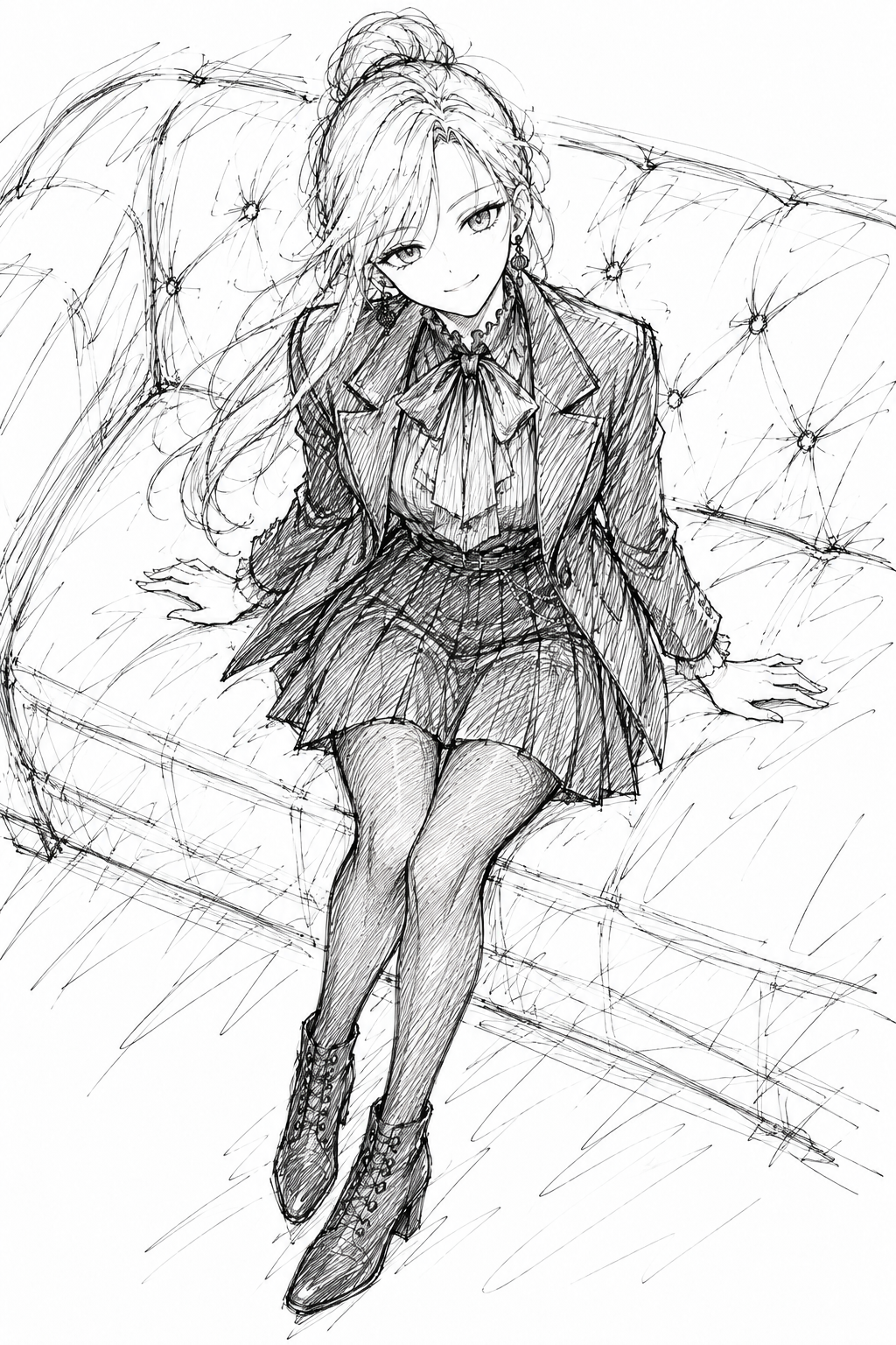 Rough pen sketch of Sherie seated on a tufted sofa, looking up with her hands resting on the cushion.