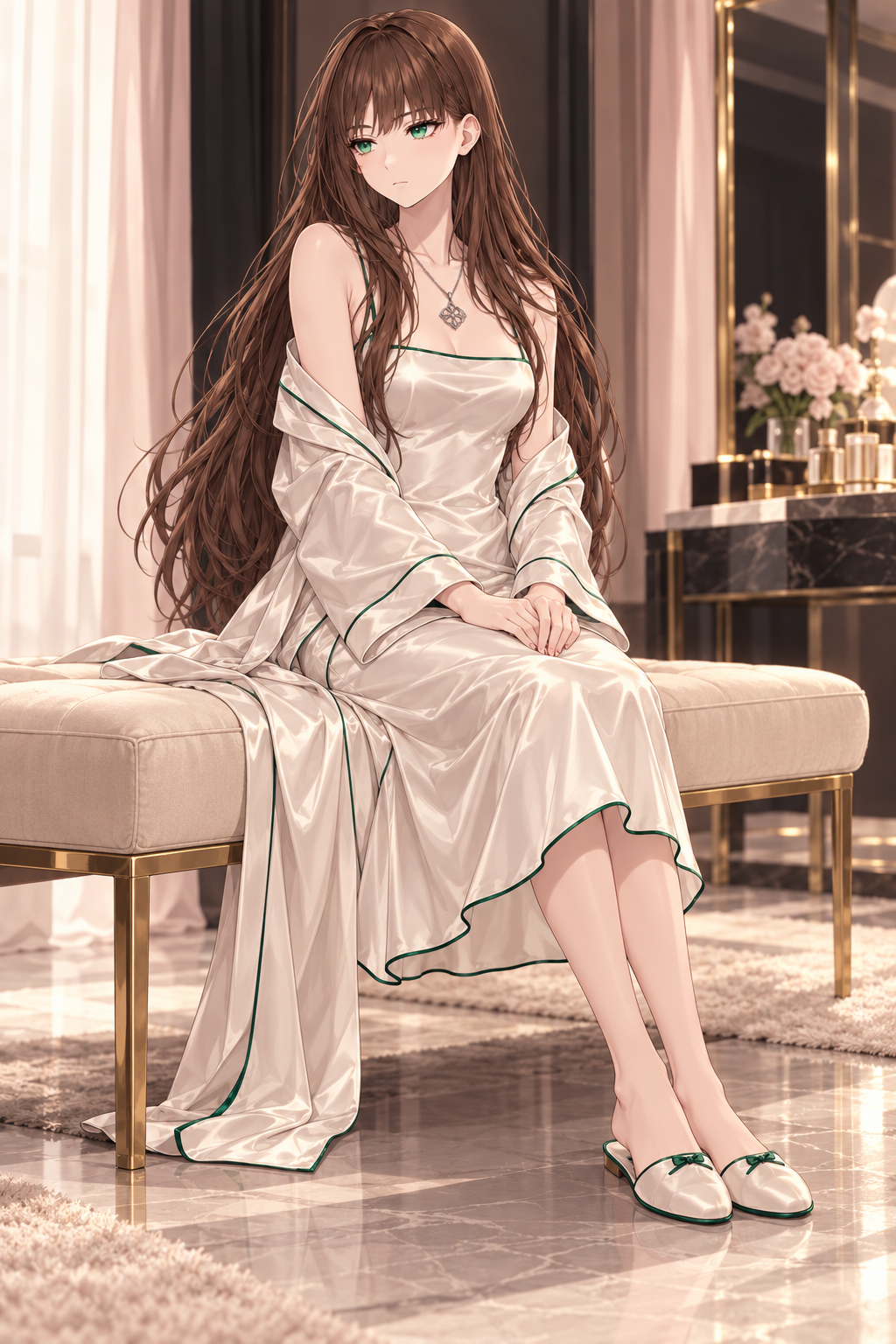 Yulia sits on an upholstered bench in an ivory satin slip and robe with green edging.