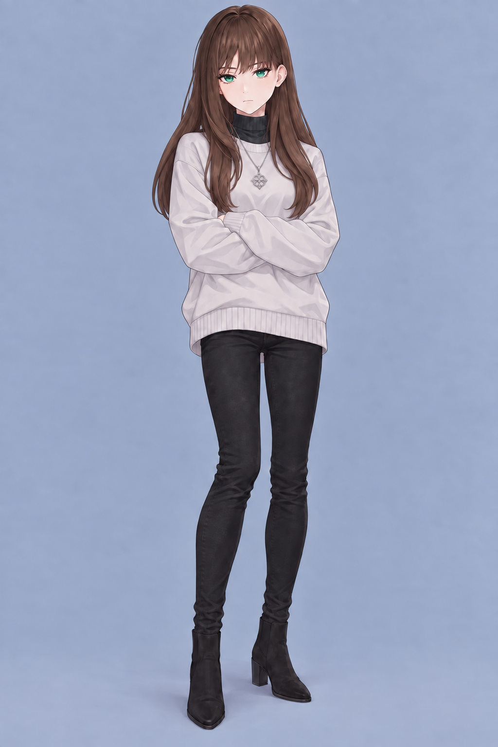 Yulia standing with her arms folded, long brown hair and a straight fringe, green eyes, a white sweater over a black high-neck top, dark trousers, heeled ankle boots and a silver-colored pendant.