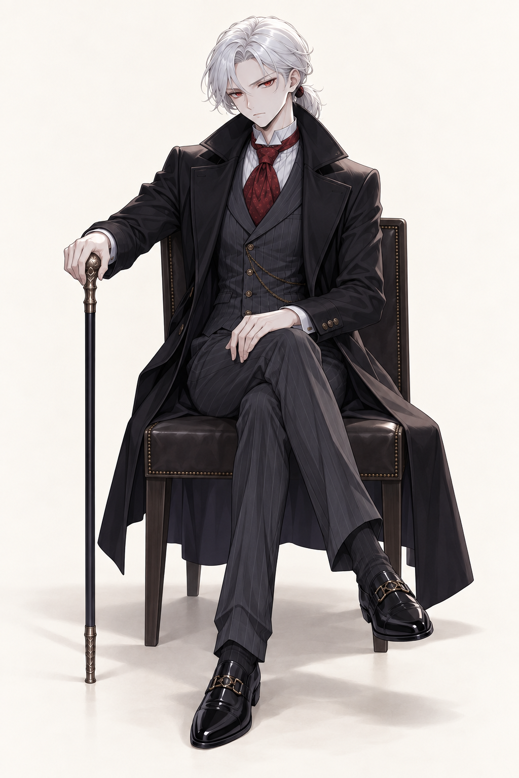 Drake wears a black overcoat over a pinstriped suit and burgundy cravat. Seated on a chair.