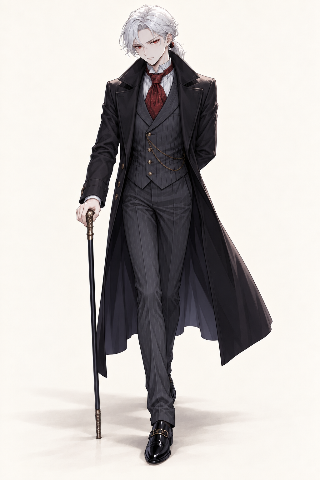 Drake wears a black overcoat over a pinstriped suit and burgundy cravat. Standing with cane.