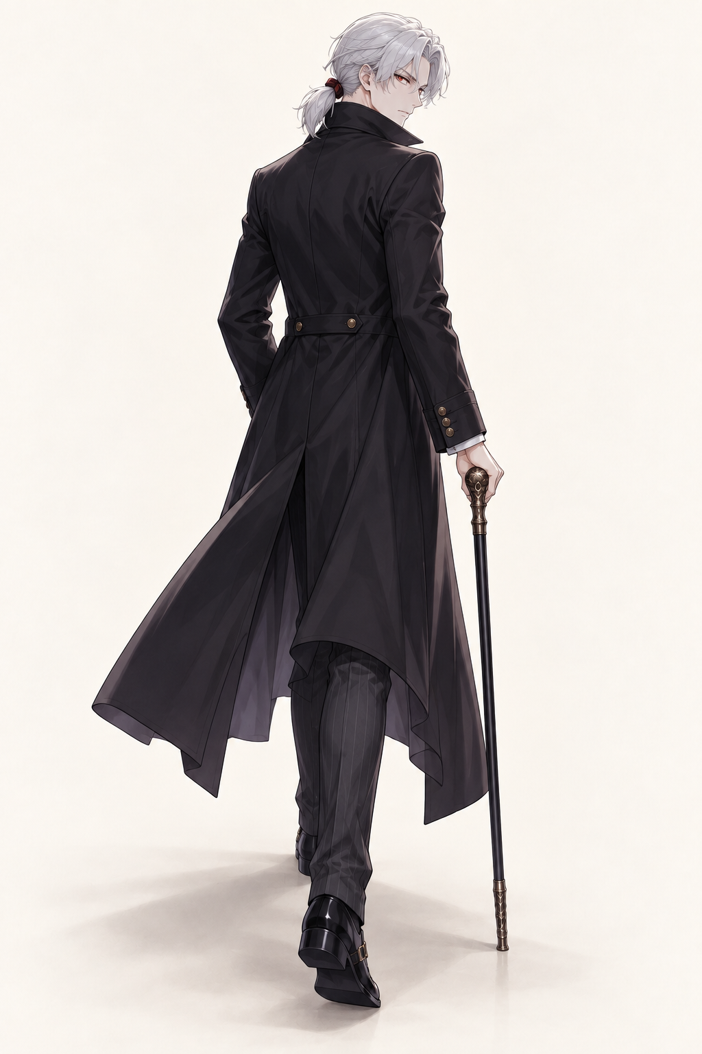Drake wears a black overcoat over a pinstriped suit and burgundy cravat. Walking back view.