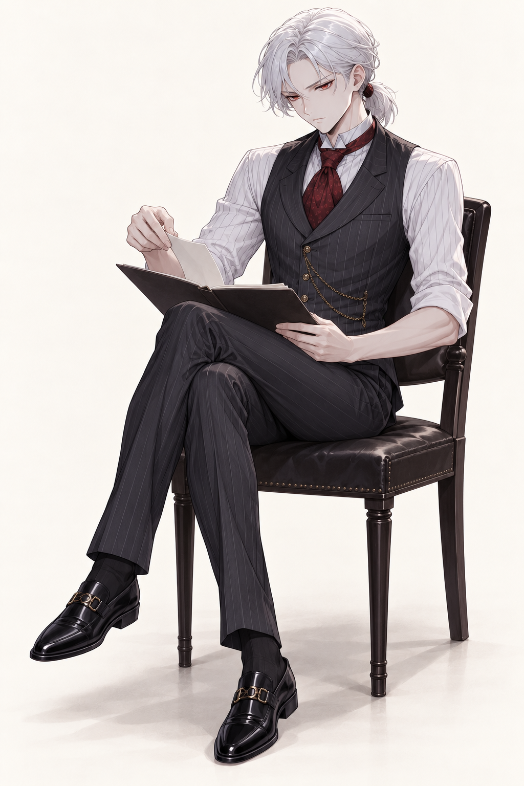 Drake wears a charcoal waistcoat, rolled white sleeves and burgundy cravat. Seated reading.