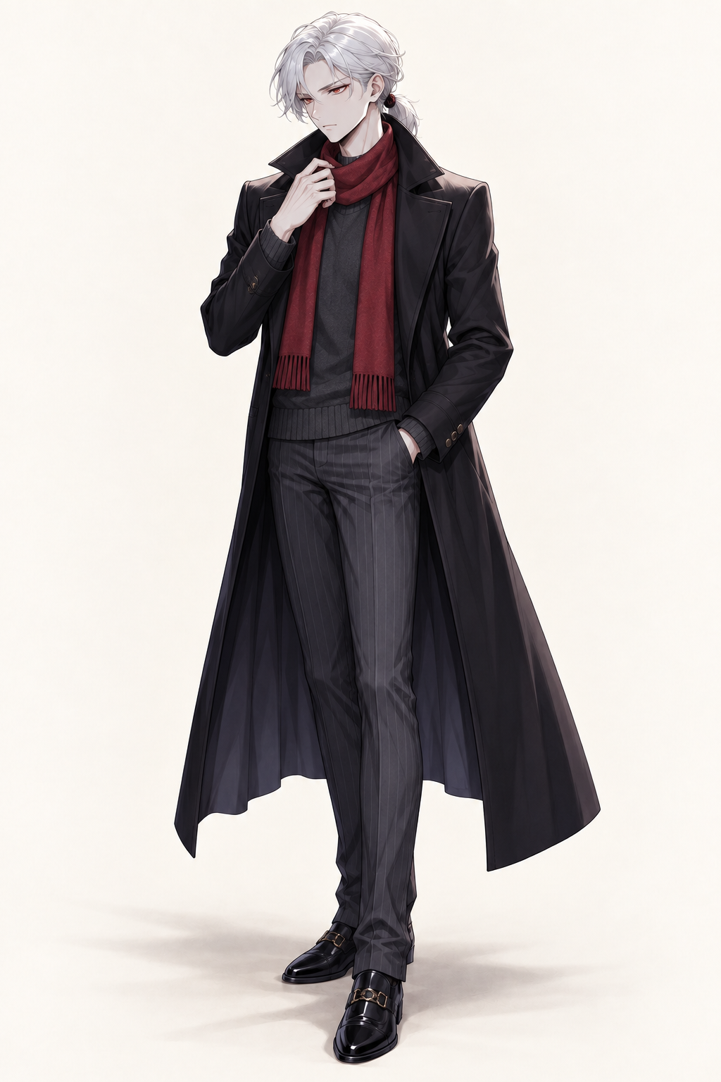 Drake wears a long black coat, dark sweater and burgundy scarf. Adjusting scarf.