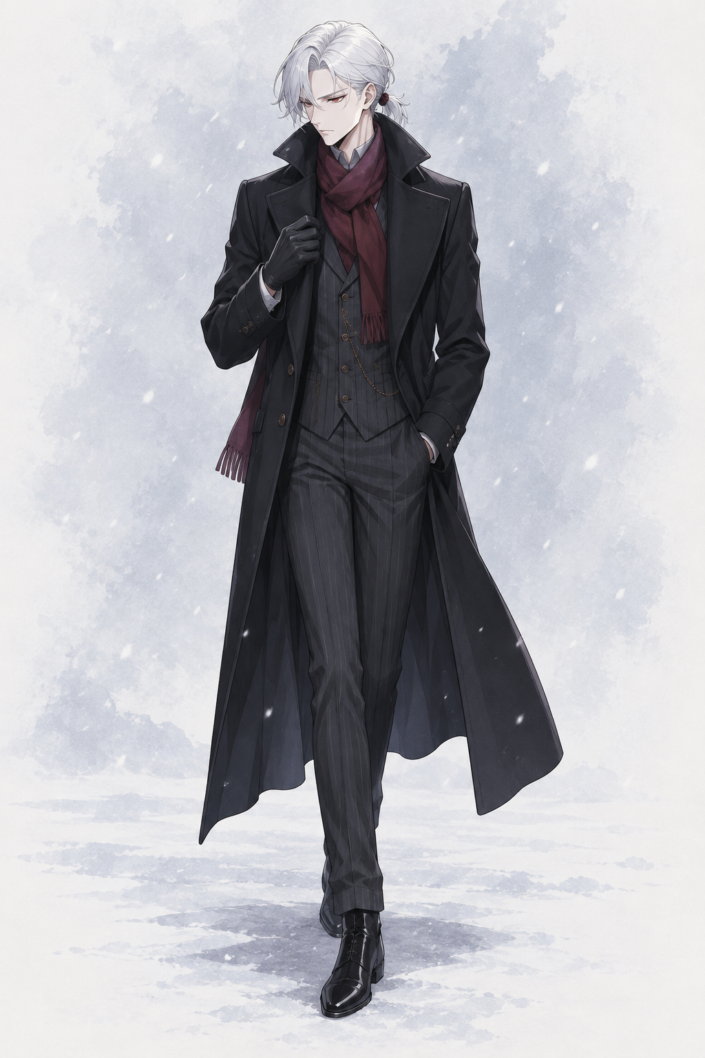 Drake walks in a long black overcoat over a pinstriped suit, with a burgundy scarf and black gloves.