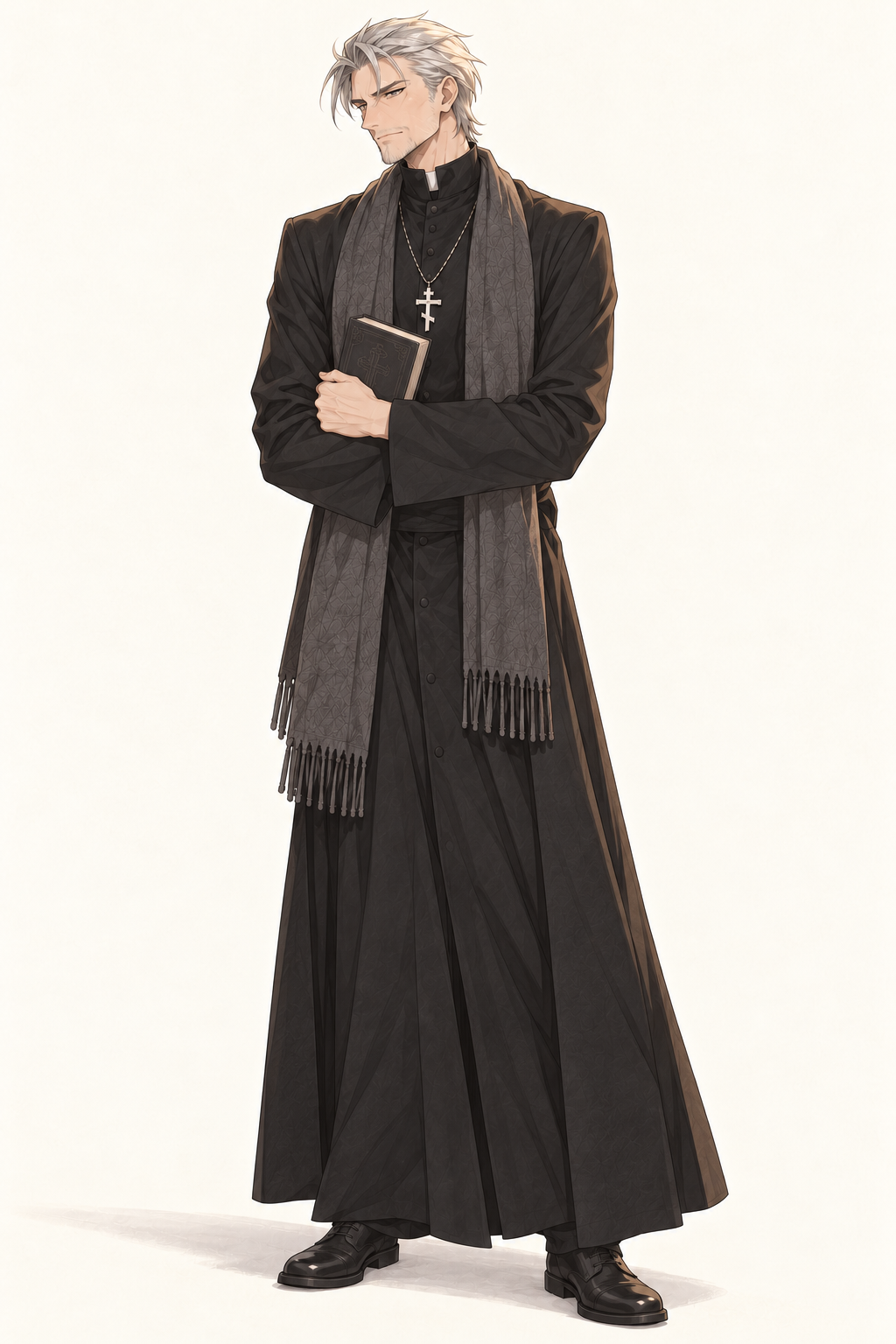 Father Mikhail folds his arms around a book over his black cassock and grey scarf.