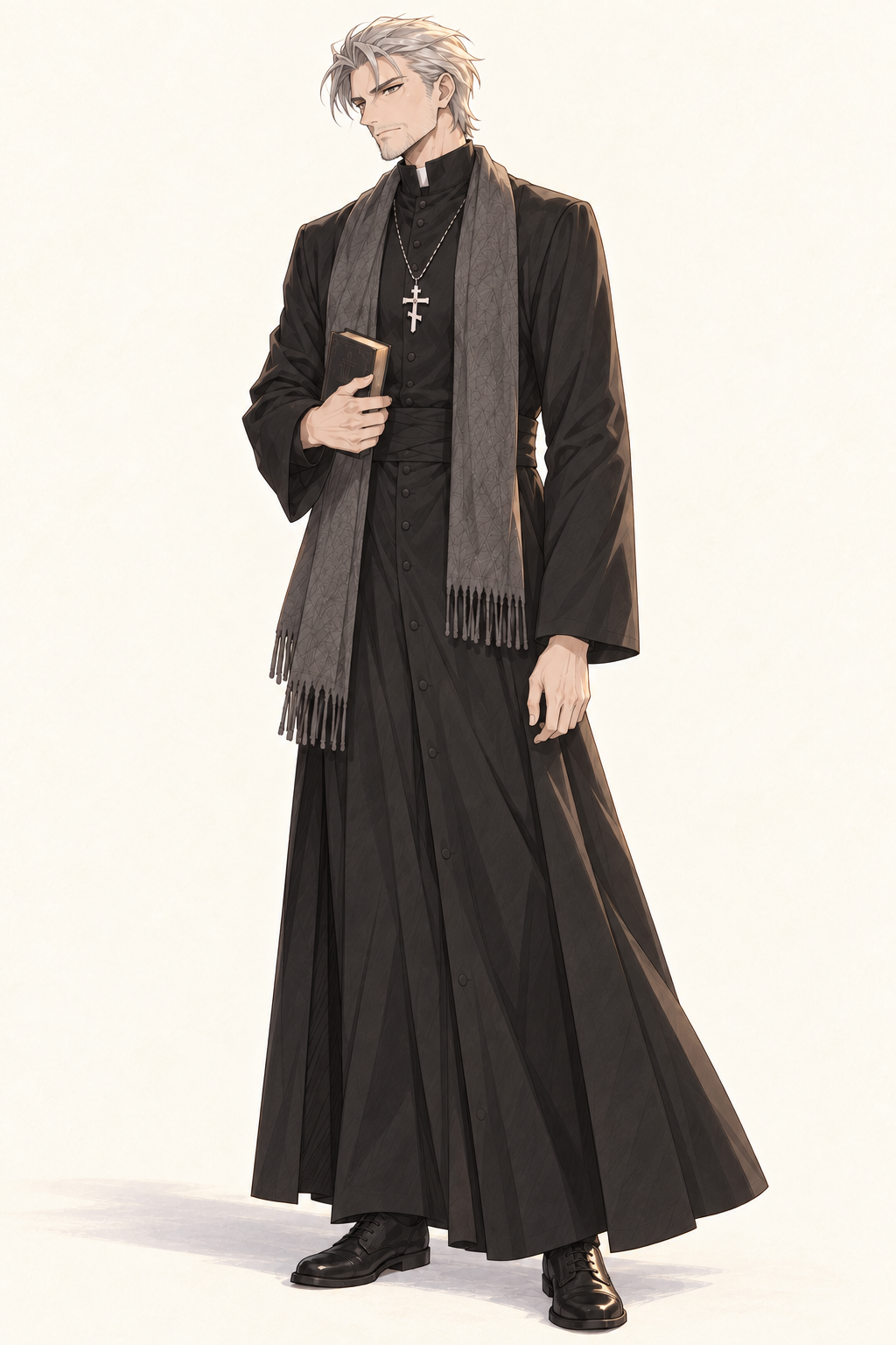 Father Mikhail stands holding a book against his black cassock, with a grey scarf and Orthodox cross.