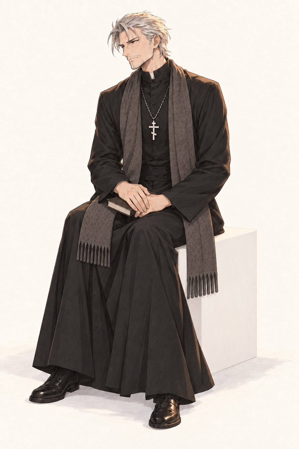 Father Mikhail sits with his hands resting on a closed book in his lap.